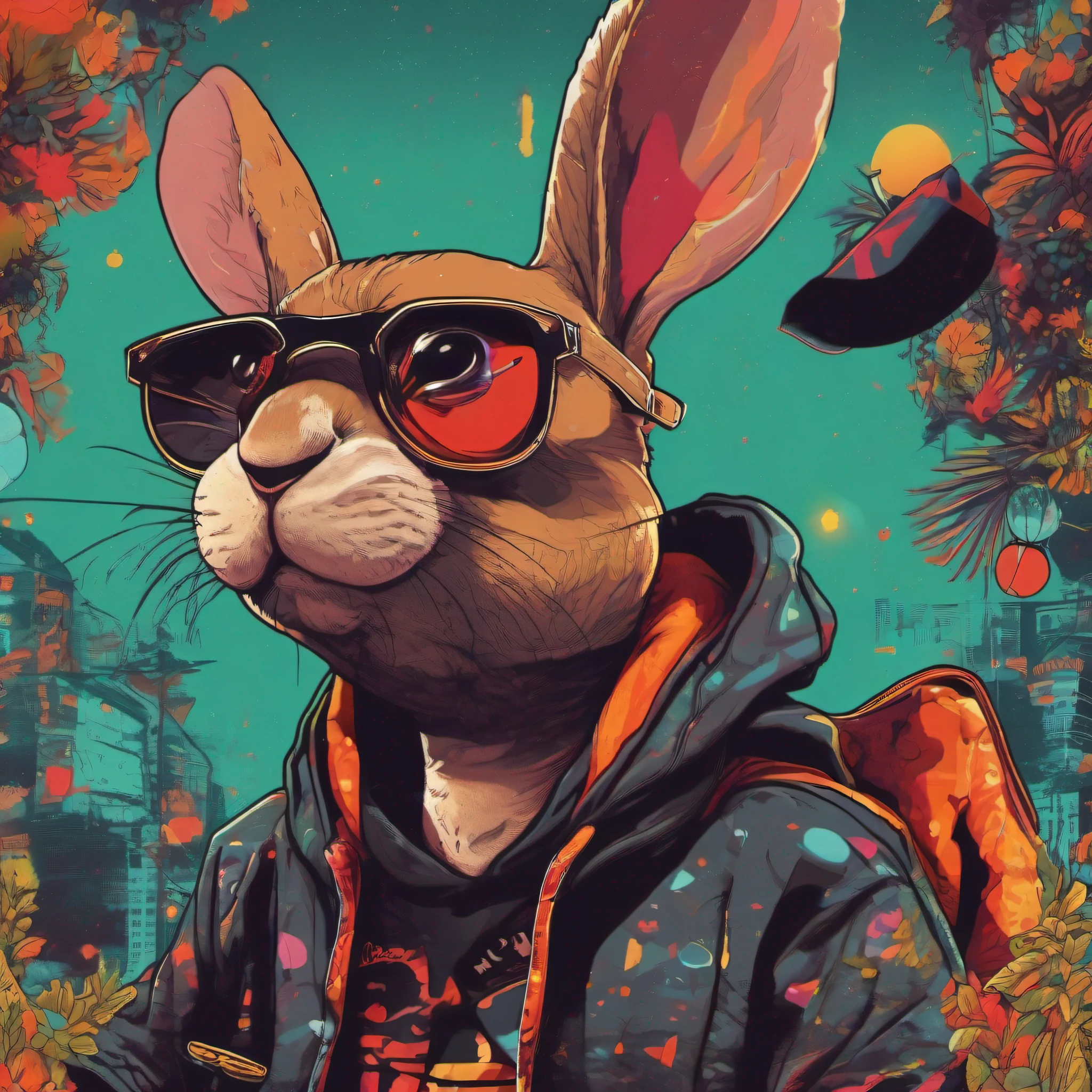 arte da camiseta, 2D, ((fundo preto :1, 5)), vetor, vivid colors, Funny character coelho personagem COM roupa ESTILO hip hop , melhor qualidade, detalhes intrincados, Realistic details, luz de aro, cinematic shading, Greg Rutkowisk,
