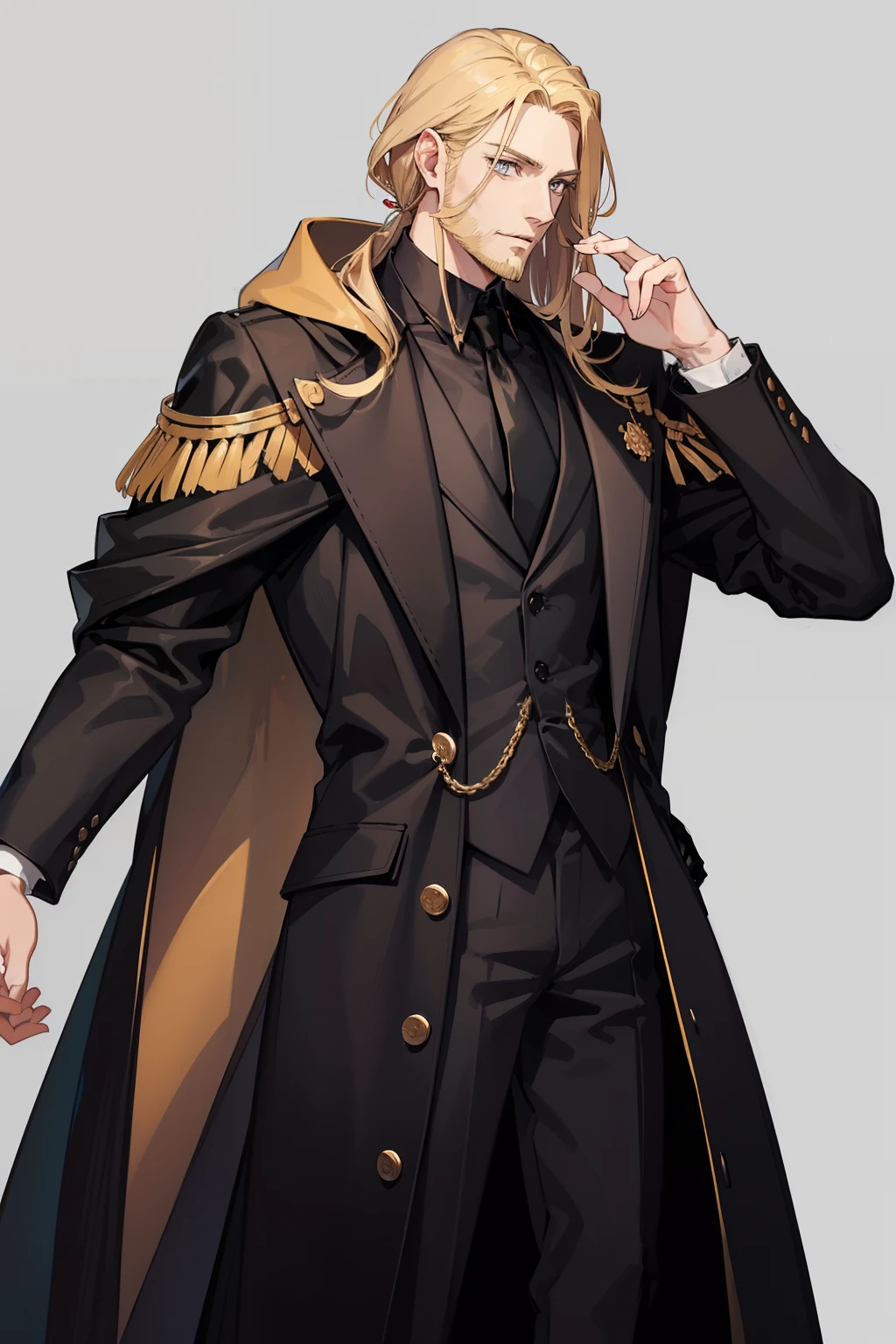 A tall man with short golden-blonde hair down to his ears, grey eyes, wearing black eyeliner, and a black nobleman longcoat. Has a beard.