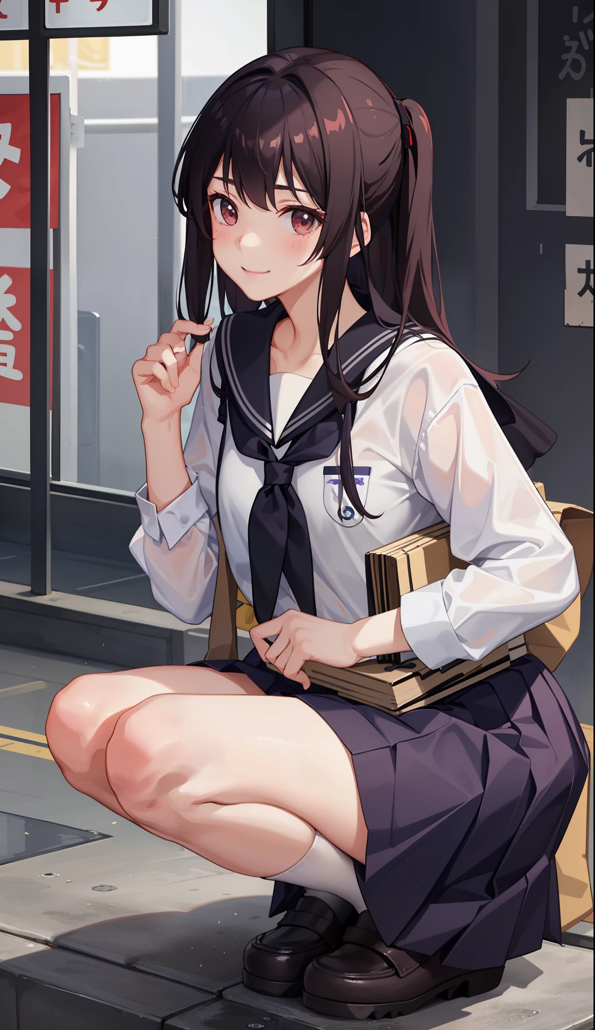 1girl in、A smile、The shirt、skirt by the、(small tits)Chilarism、Japan High School Student Uniform、serafuku、summer clothing、Squall Drenched Uniform、(Sheer Bra)、Upper body portrait、light cream hair、Squatting panchira、