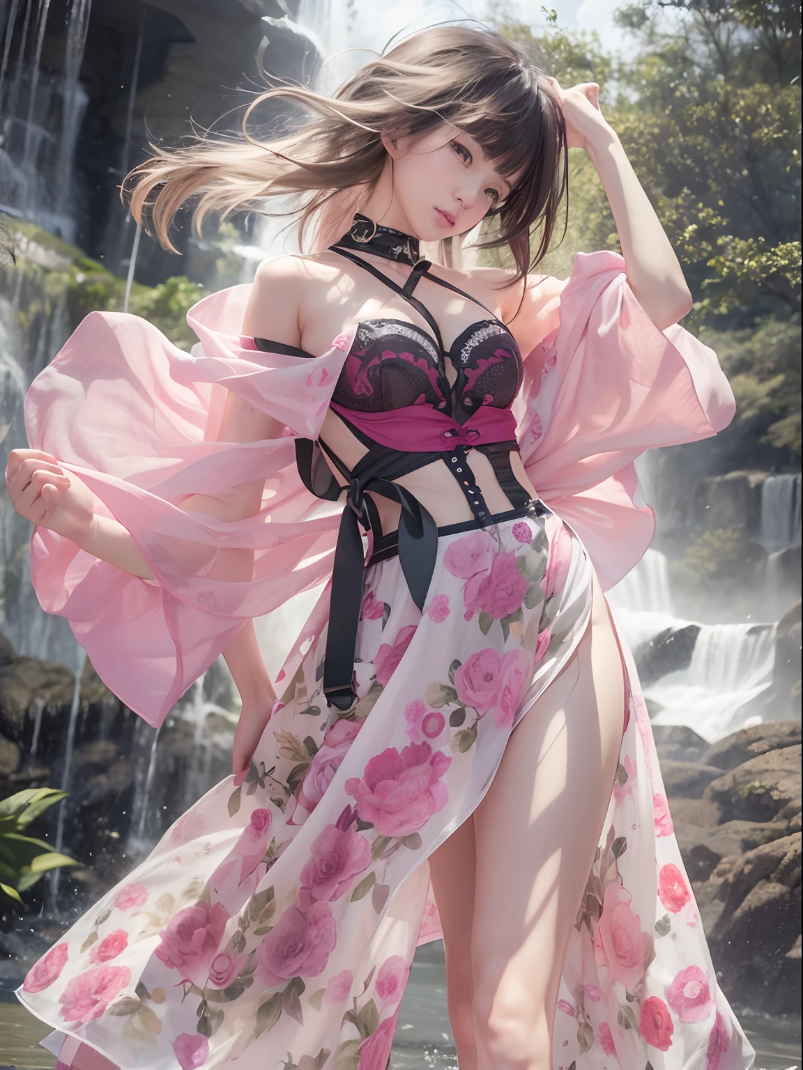 Holding a large see-through stole with pale pink floral pattern with both hands、Swaying in the wind。dark color、shackle、Halter Neck Bodysuit、Rubber Suit Corset、garterbelts、Upper eye、light-colored skin and loose navel skin,,,,,,,,,,,,,,,,,,,,,。Skirt flutters in the wind and spreads。Dynamic Posing。Dancing Poses。
Loose clothing shows shoulders。Very beautiful girl at 19 years old。
Hair swaying in the wind。 masutepiece、Best Photoreal、portlate、Sheer clothing、wetted skin、Wet hair、Sexy look、Functional、Bewitching、Clothes with an open back、Oblique composition、Waterfall in the forest、Big hair ornament、Medium chest、Navel Ejection、Shiny knee-high socks、Bold open chest clothes、、hair adornments、