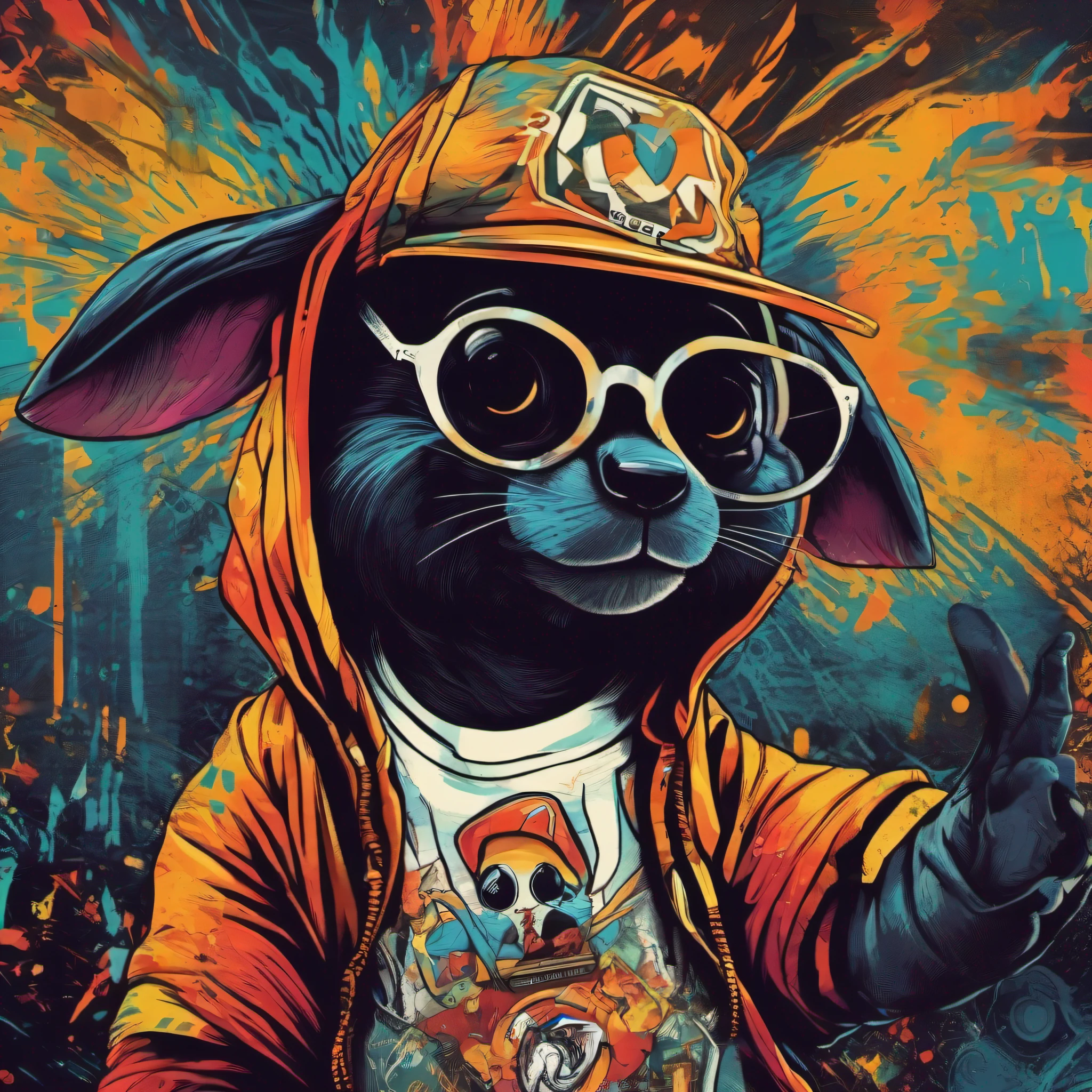 arte da camiseta, 2D, ((fundo preto :1, 5)), vetor, vivid colors, Funny character coelho personagem COM roupa ESTILO hip hop , melhor qualidade, detalhes intrincados, Realistic details, luz de aro, cinematic shading, Greg Rutkowisk,
