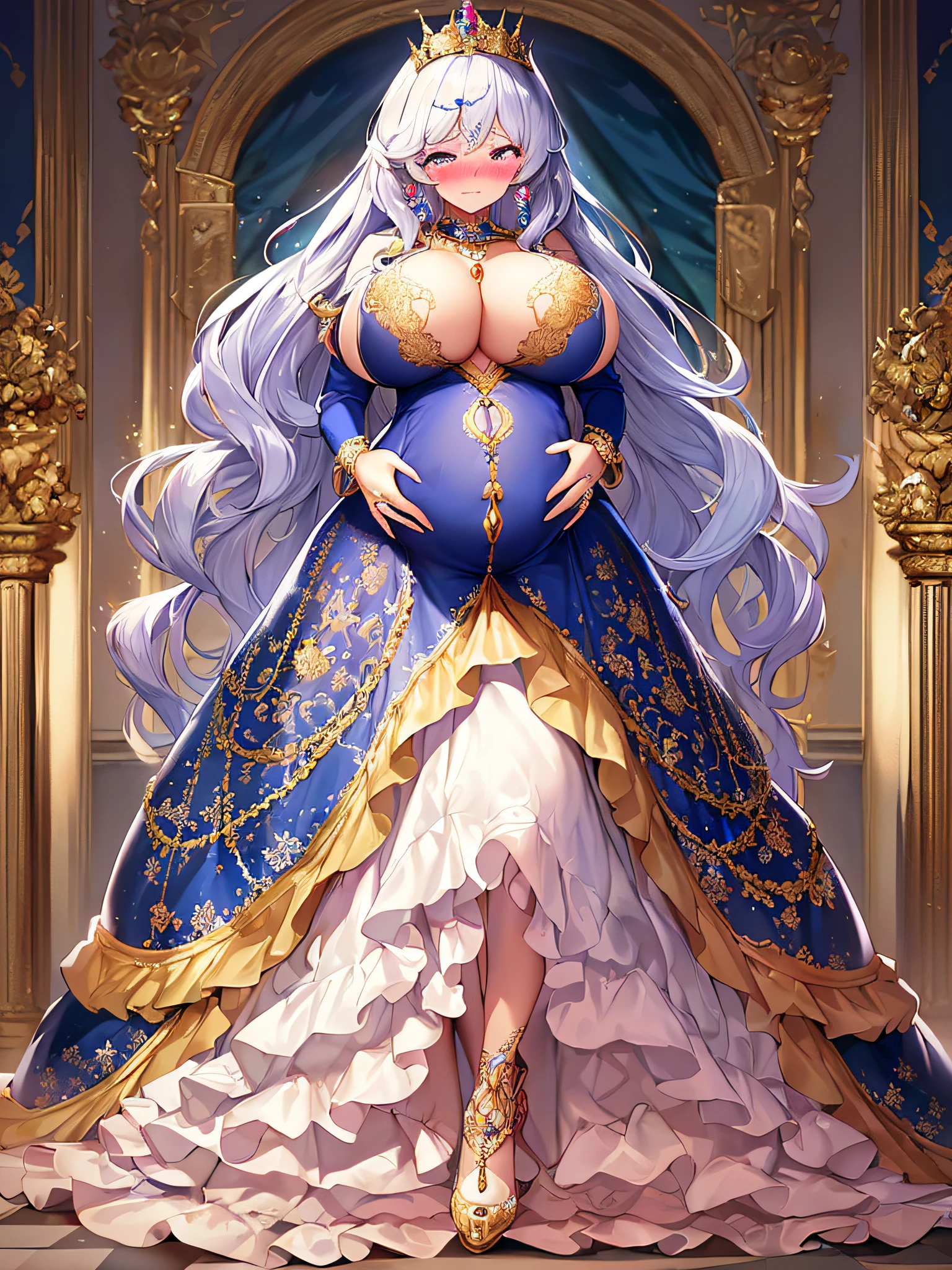 ((anime artstyle)),(Masterpiece),(Best Quality), (Super Detail),((Very Delicate and Beautiful)),(((Solo))),((full body)),(((1 bling-bling pregnant princess in beautiful embroidery and jeweled gorgeous rococo ball gown dress with voluminous full length hoop skirt))),((heavily pregnant)),very big pregnant belly,((bling-bling)),Long train,(bling-bling gorgeous gemstone jewelry),detailed face and eyes,jewel-like eyes,cry,(((embarrassed))),((large amount of straight hair,extremely voluminous Very Long Hair,Very Long Straight Hair)),(((gigantic tits,Long tits))),cleavage,(gorgeousfull embroidery and lace),gorgeous corsage,See-through,((extremely gorgeousfull hair ornament)),bling-bling extremely gorgeousfull jeweled tiara,ornate ruffles,(hoop skirt,crinoline),((Dynamic Angle)),Looking at viewer,((royal bedroom)),((full body)),((beautiful embroidery and jeweled extremely gorgeous rococo ball gown dress with voluminous full length hoop skirt))