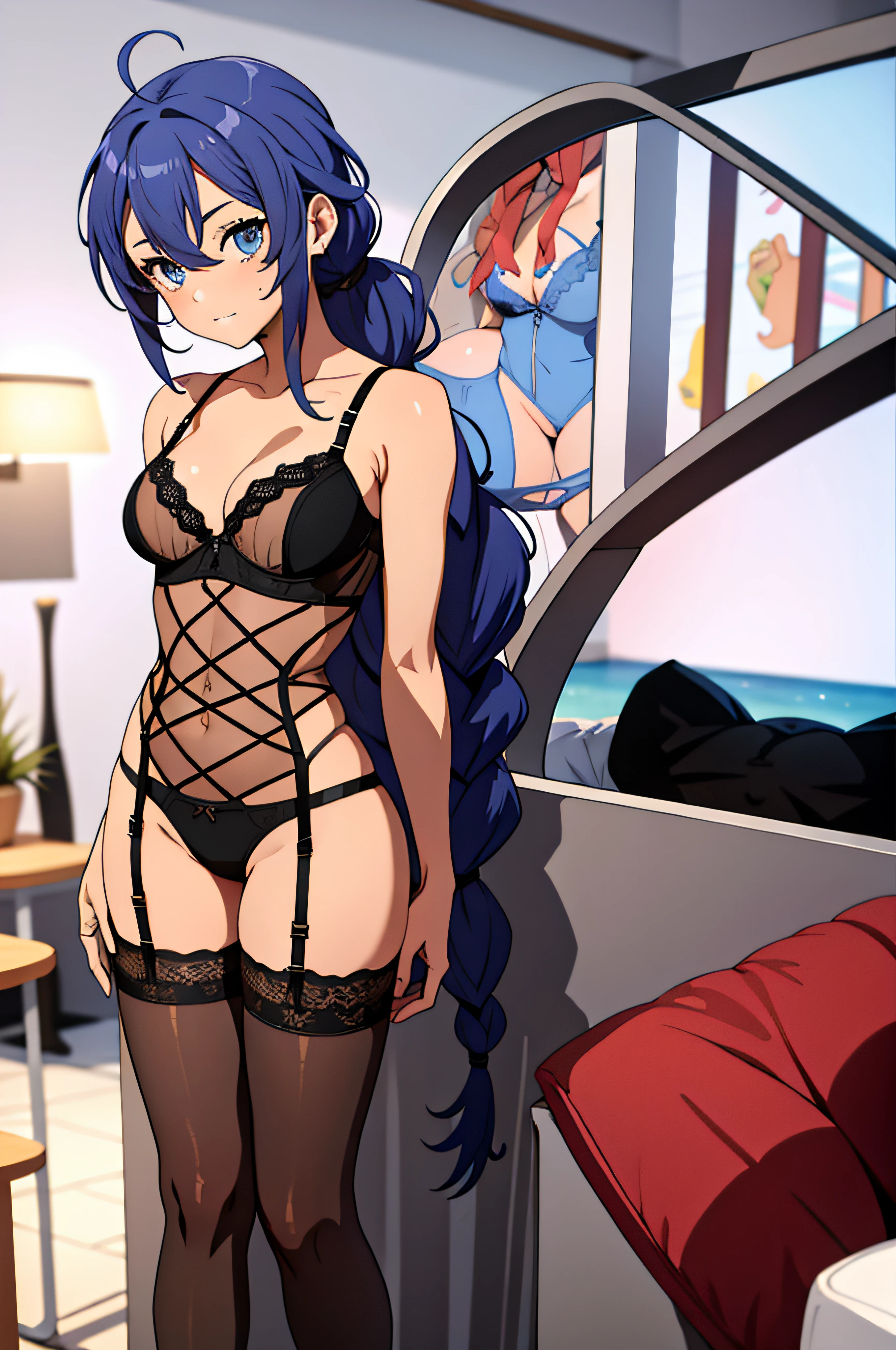 1girl, Roxy Migurdia, olhos azuis, cabelos azuis, Twin Braid, braided ponytail, Ahoge, sexy, bunda sexy,  ((corpo todo)), sexy, sexy position, lasciva, Olhando para o Viewer, sorrir, Ao ar livre, sol, (lingerie:1.8), consertar, sentado na praia,, (master part:1.2), Altas, best quality, 8k, muito claro,