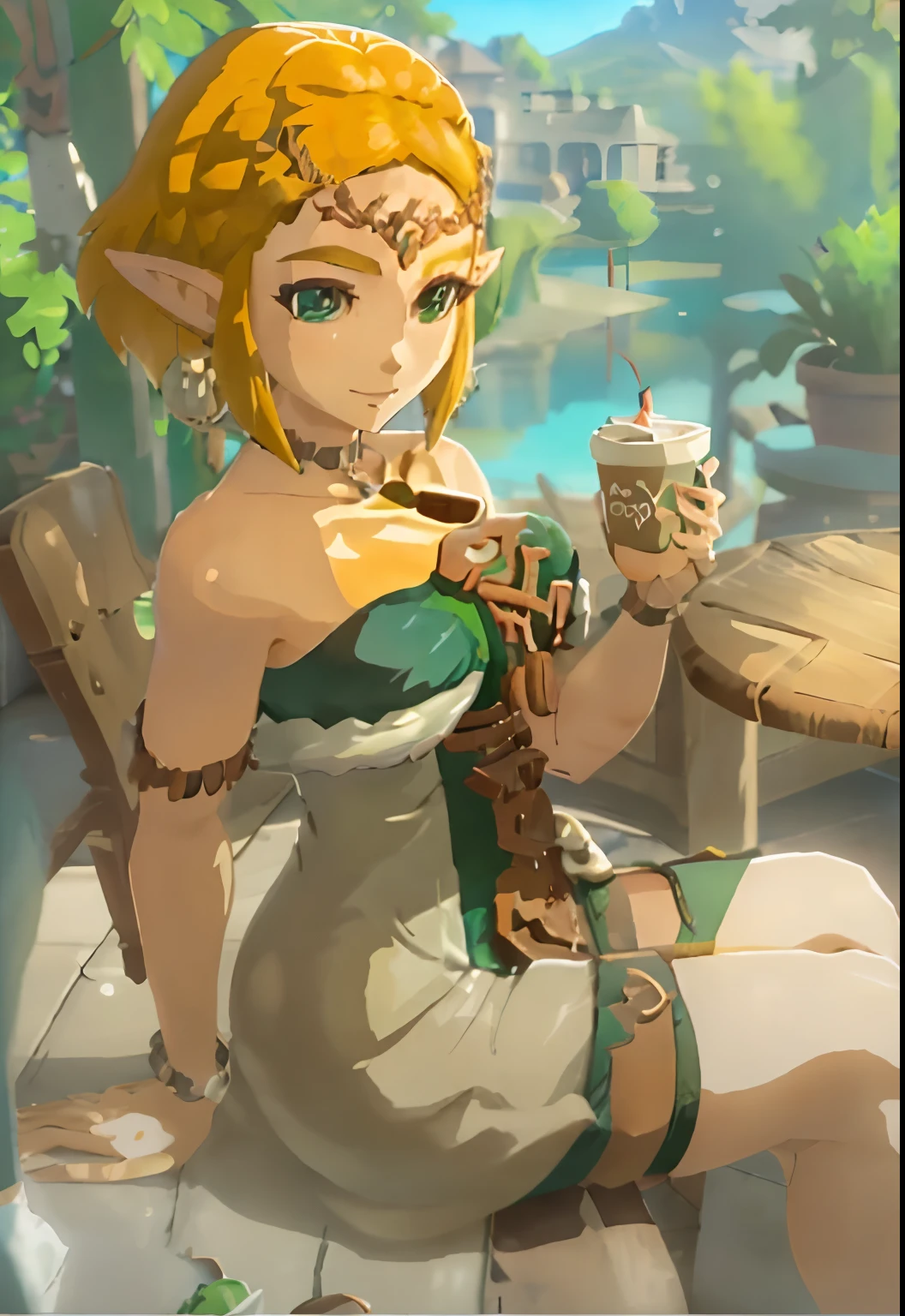 zeldatotk,1girl,smile,cel shading,full body in view,green eyes, enjoying a coffee, sitting in the cafe, hot coffee, (((busty))), (((big breast))), cleavage