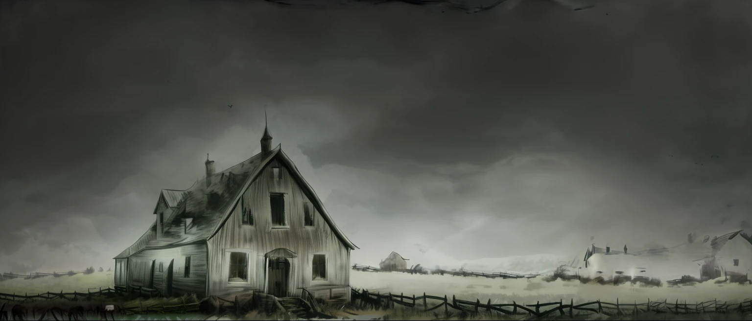 A hauntingly eerie old farm house isolated by a desolate fence amidst the wilderness.