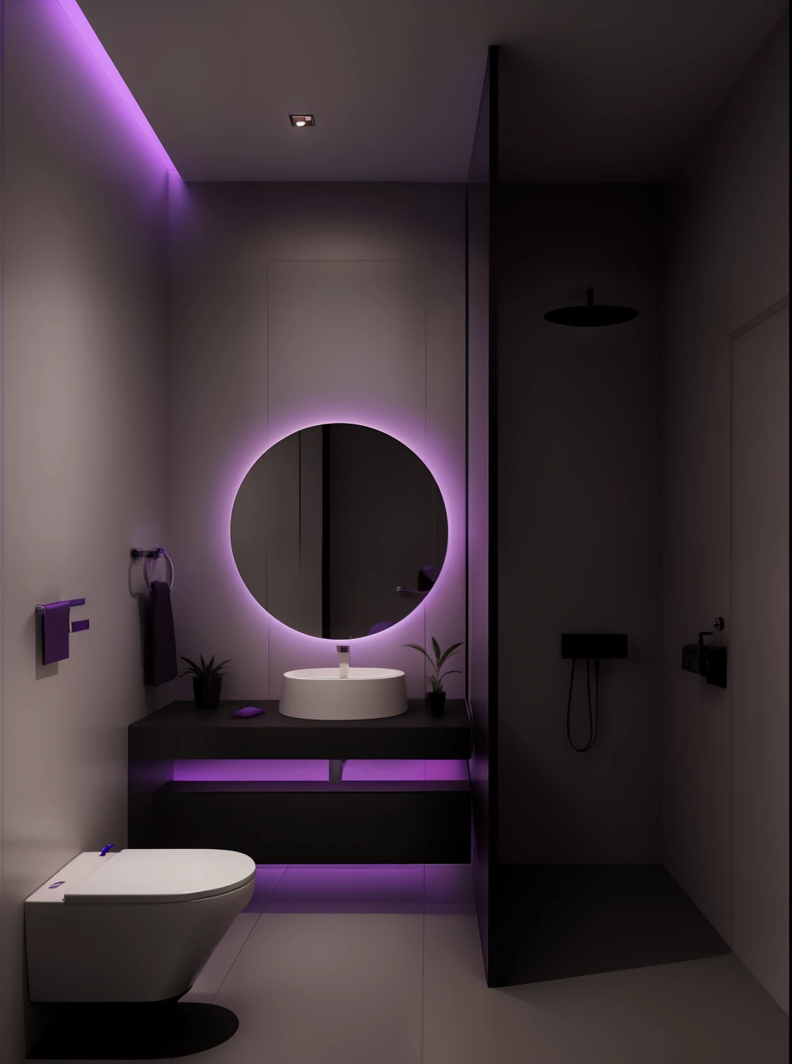 a closeup of a bathroom with sink and toilet, Cool purple gray lighting, purple accent lighting, Vibe and ioyful lighting, luzes de destaque neon, soft neon purple lighting, cool purple lighting, dark neon lighting, purple color lighting, extremely moody purple lighting, luz ambiente roxa, dramatic neon lighting, with neon lighting, neon dark lighting