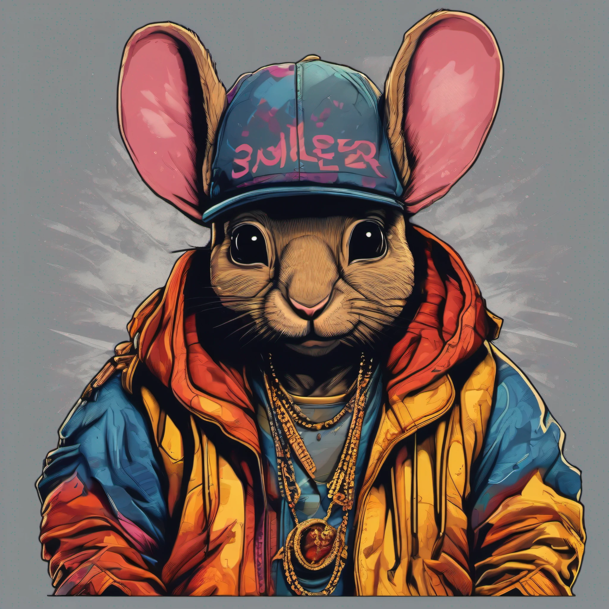 arte da camiseta, 2D, ((fundo preto :1, 5)), vetor, vivid colors, Funny character coelho personagem COM roupa ESTILO hip hop , melhor qualidade, detalhes intrincados, Realistic details, luz de aro, cinematic shading, Greg Rutkowisk,
