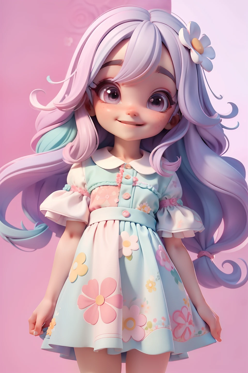 meniupa floral em aquarela , menina meihos delicados, cabelo e roupa multicolorido, sorriso delicado, fundo simples e branco