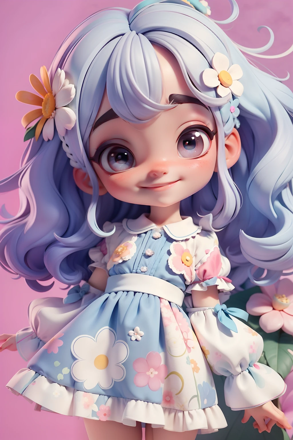 Loli menina, roupa floral em aquarela , menina meiga, olhos delicados, cabelo e roupa multicolorido, sorriso delicado, fundo simples e branco