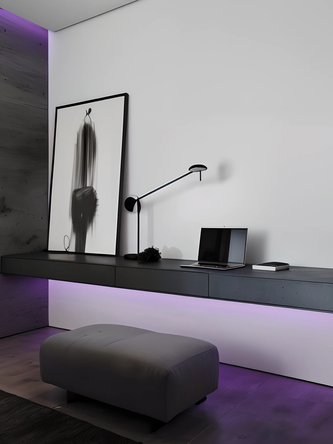 There is a picture of a room with a sofa and a table, Luzes OLED nos cantos, Cool purple gray lighting, Minimalist home office, Minimalist lighting, luzes de destaque neon, purple accent lighting, dim accent lighting, dual-tone lighting, Design moderno e minimalista, design de interiores minimalista, Minimalist cinematic lighting, minimalista e bonito, Minimalist furniture, soft neon purple lighting, black furniture