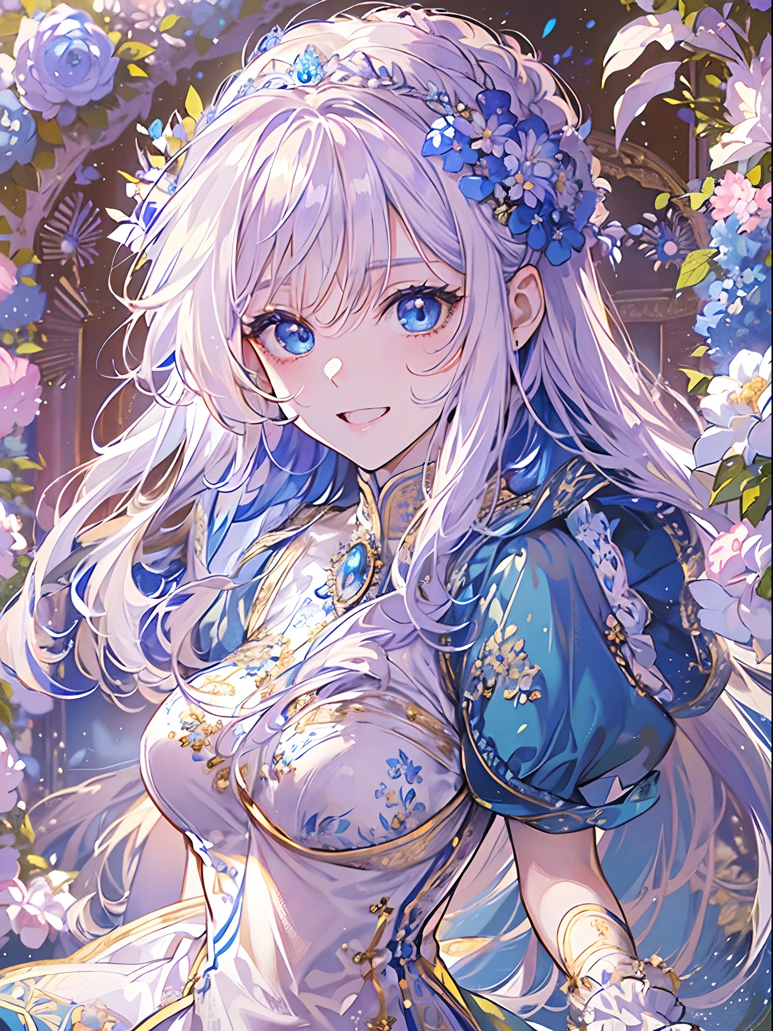 (Best Quality, Masterpiece, High Resolution), 1female, (white medium hair, have pony, wearing medieval blue dress, 20 years old, blue eyes, wearing tiara, crown princess), stunning, cute, heartwarming smile, beautiful aster flower garden, gazebo, castle, mesmerizing sunlight, good proportion, detailed face, detailed accessories, symmetry, novel cover, close up