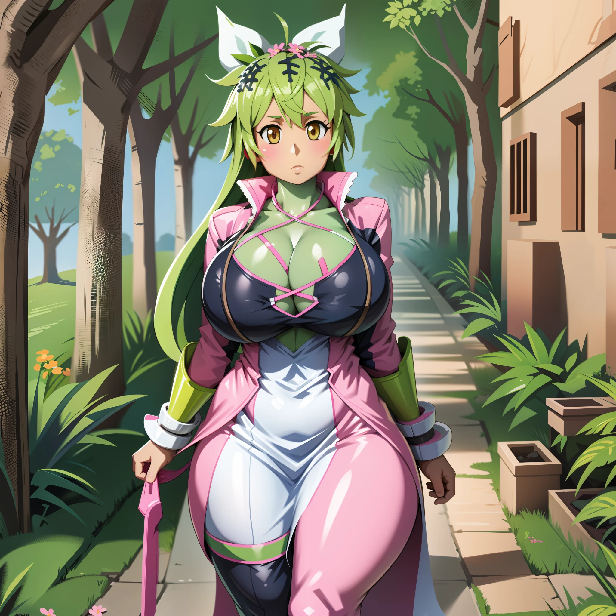 kanna blaster master, flora fauna, female,, huge chest, full clothed dress, walking