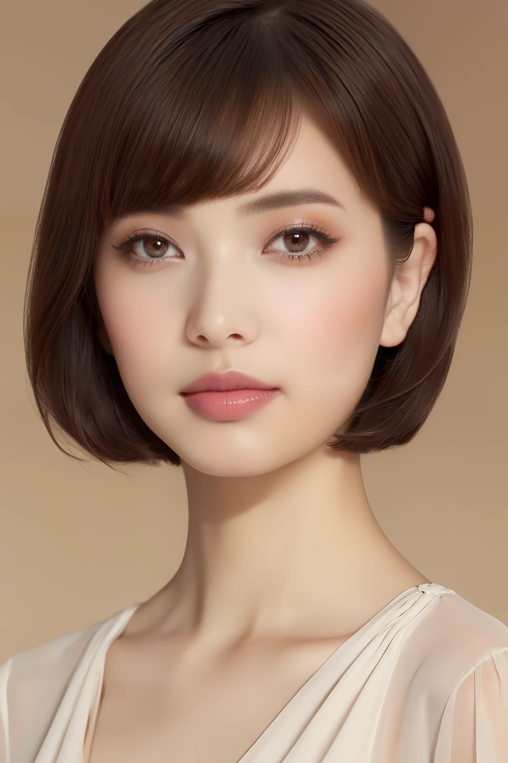 Elegant makeup, (Elegant shorthair, French Bob, Light brown hair color: 1.4) Elegant chiffon blouse