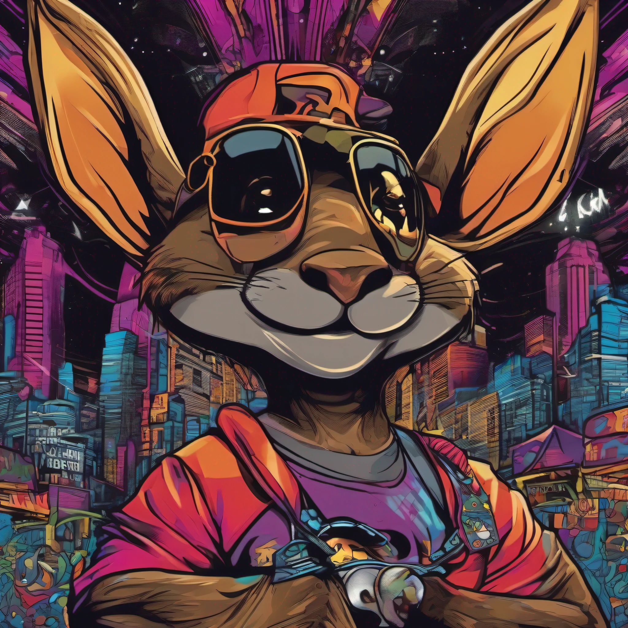 arte da camiseta, 2D, ((fundo preto :1, 5)), vetor, vivid colors, Funny character coelho personagem COM roupa ESTILO hip hop , melhor qualidade, detalhes intrincados, Realistic details, luz de aro, cinematic shading, Greg Rutkowisk,