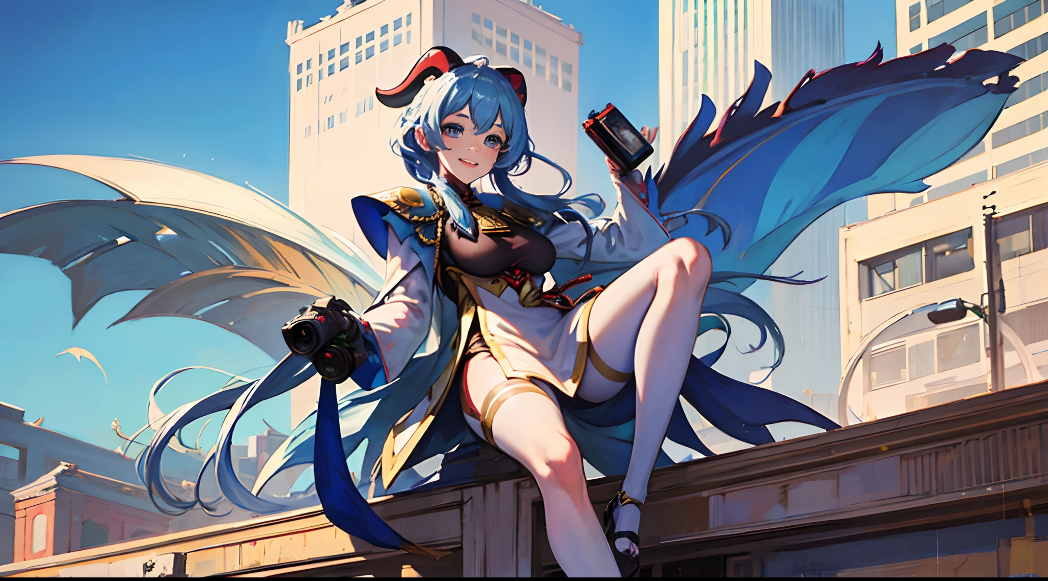 A stunningly beautiful smiling ganyu wearing a mini-skirted mage uniform sitting on top of a building with camera upskirt