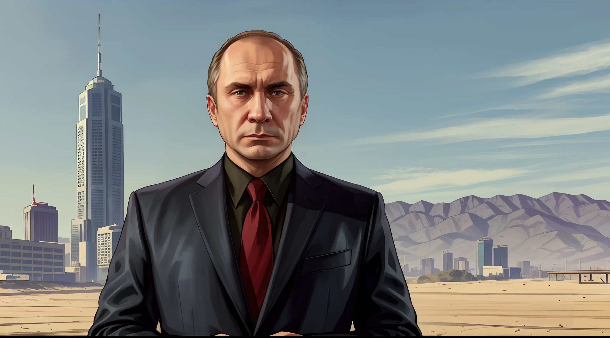 GTAV Loading Screen 2D art, Vladimir Putin as GTA5 Character, cinematic composition, standing in front of a city, shaders, bright cinematic lighting, soft contrast, GTA5 loading screen, gta art, wallpaper 4 k, wallpaper 4k, hq 4k wallpaper, gta loading screen art, fan art, rockstar games art