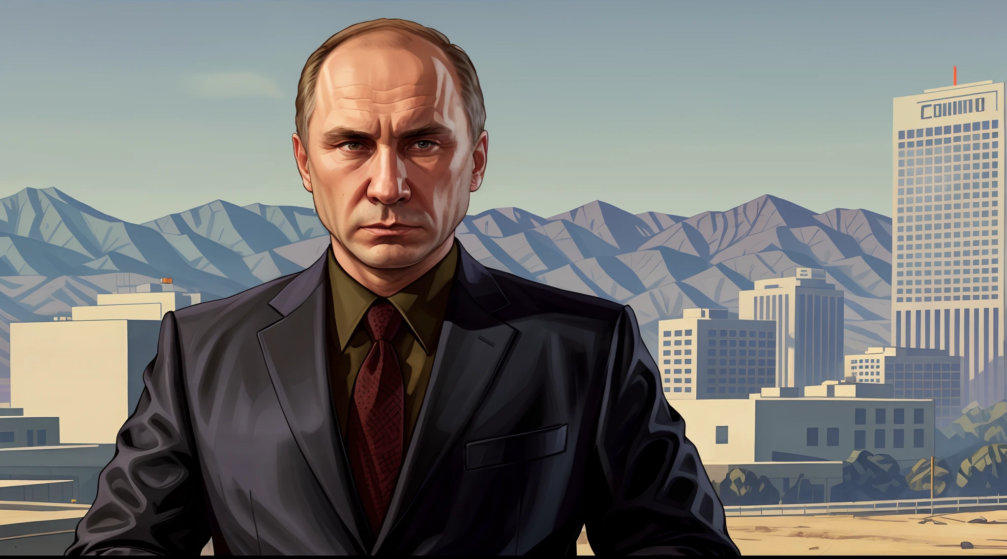 GTAV Loading Screen 2D art, Vladimir Putin as GTA5 Character, cinematic composition, standing in front of a city, shaders, bright cinematic lighting, soft contrast, GTA5 loading screen, gta art, wallpaper 4 k, wallpaper 4k, hq 4k wallpaper, gta loading screen art, fan art, rockstar games art