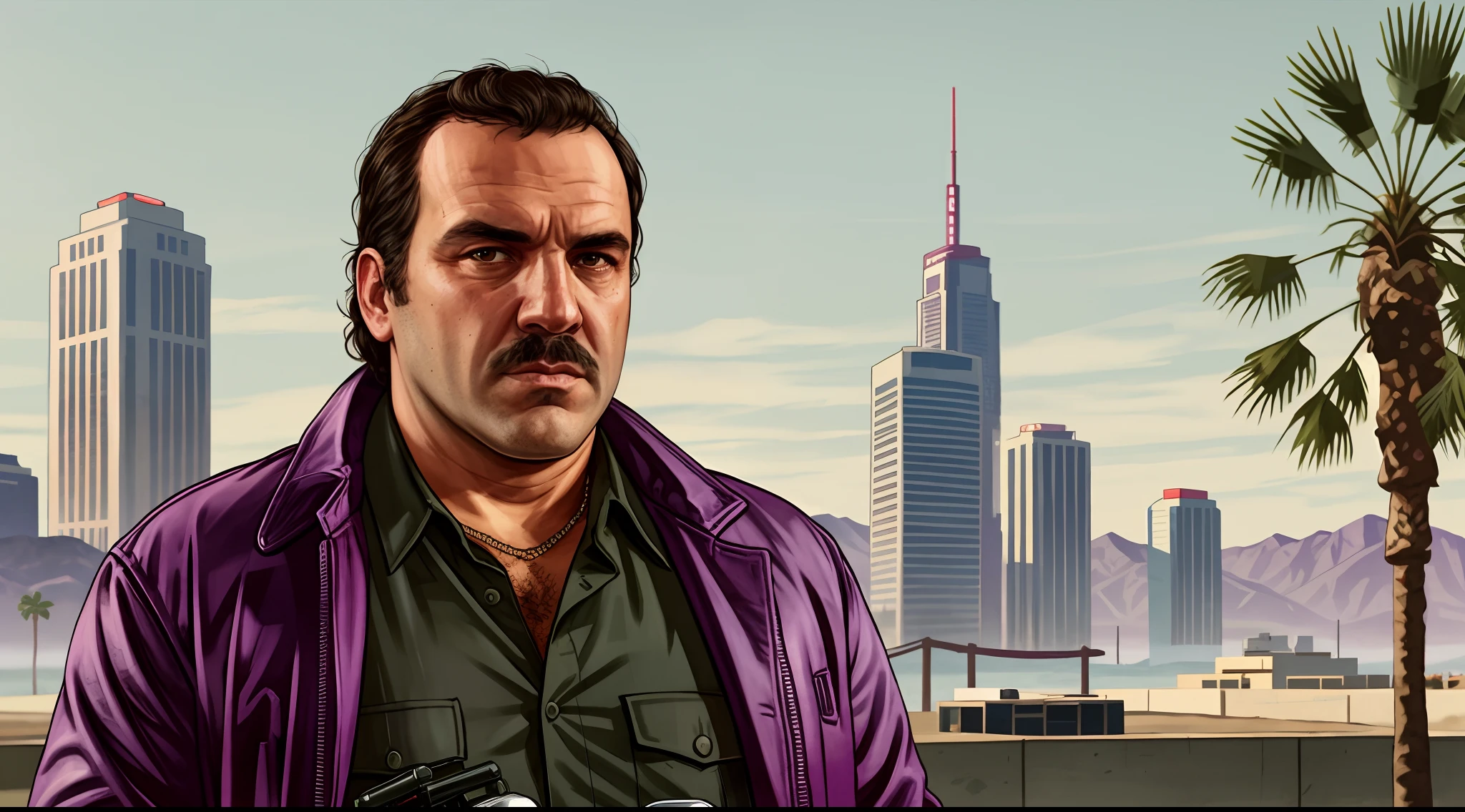 GTAV Loading Screen 2D art, Pablo Escobar as GTA5 Character, cinematic composition, standing in front of a city, shaders, bright cinematic lighting, soft contrast, GTA5 loading screen, gta art, wallpaper 4 k, wallpaper 4k, hq 4k wallpaper, gta loading screen art, fan art, rockstar games art