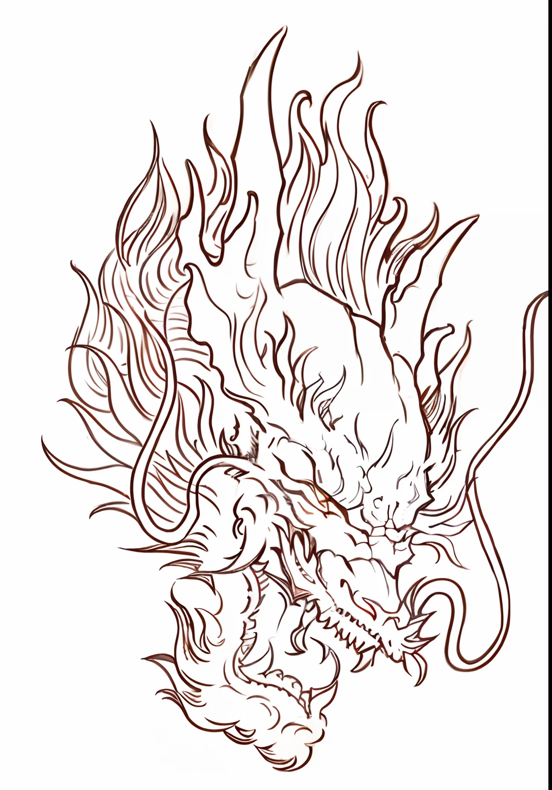 a drawing of a dragon head with flames coming out of it, line drawing tattoos, medium sized tattoo sketch, ''dragon breathing fire, dragon blowing fire above, tattoo design sketch, intense line art, detailed line art, simple lineart, ink outline, inspired by Kawanabe Kyōsai, dragon breathing fire, inspired by Kameda Bōsai, tattoo sketch, high quality,