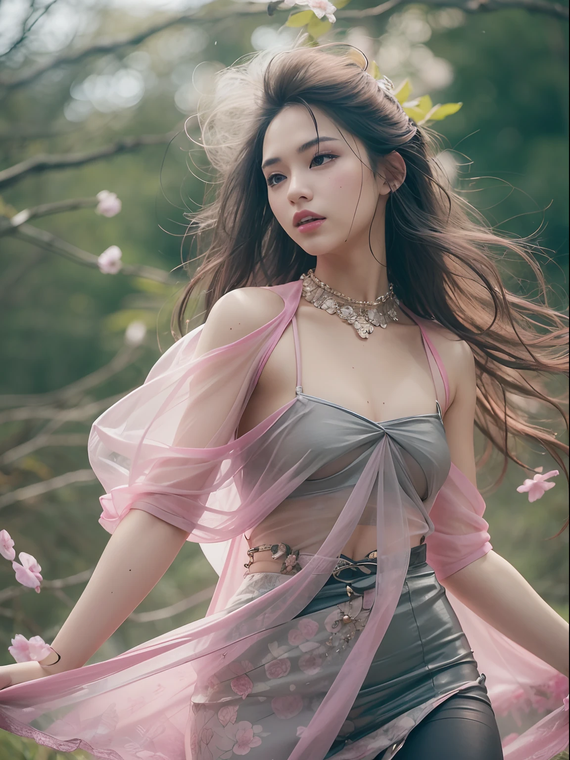 Holding a large see-through stole with pale pink floral pattern with both hands、Swaying in the wind。dark color、shackle、Halter Neck Bodysuit、Rubber Suit Corset、garterbelts、Upper eye、light-colored skin and loose navel skin,,,,,,,,,,,,,,,,,,,,,,。Skirt flutters in the wind and spreads。Dynamic Posing。Dancing Poses。
Loose clothing shows shoulders。Very beautiful girl at 19 years old。
Hair swaying in the wind。 masutepiece、Best Photoreal、portlate、Sheer clothing、wetted skin、Wet hair、Sexy look、Functional、Bewitching、Clothes with an open back、Oblique composition、Waterfall in the forest、Big hair ornament、Medium chest、Navel Ejection、Shiny knee-high socks、Bold open chest clothes、、hair adornments、