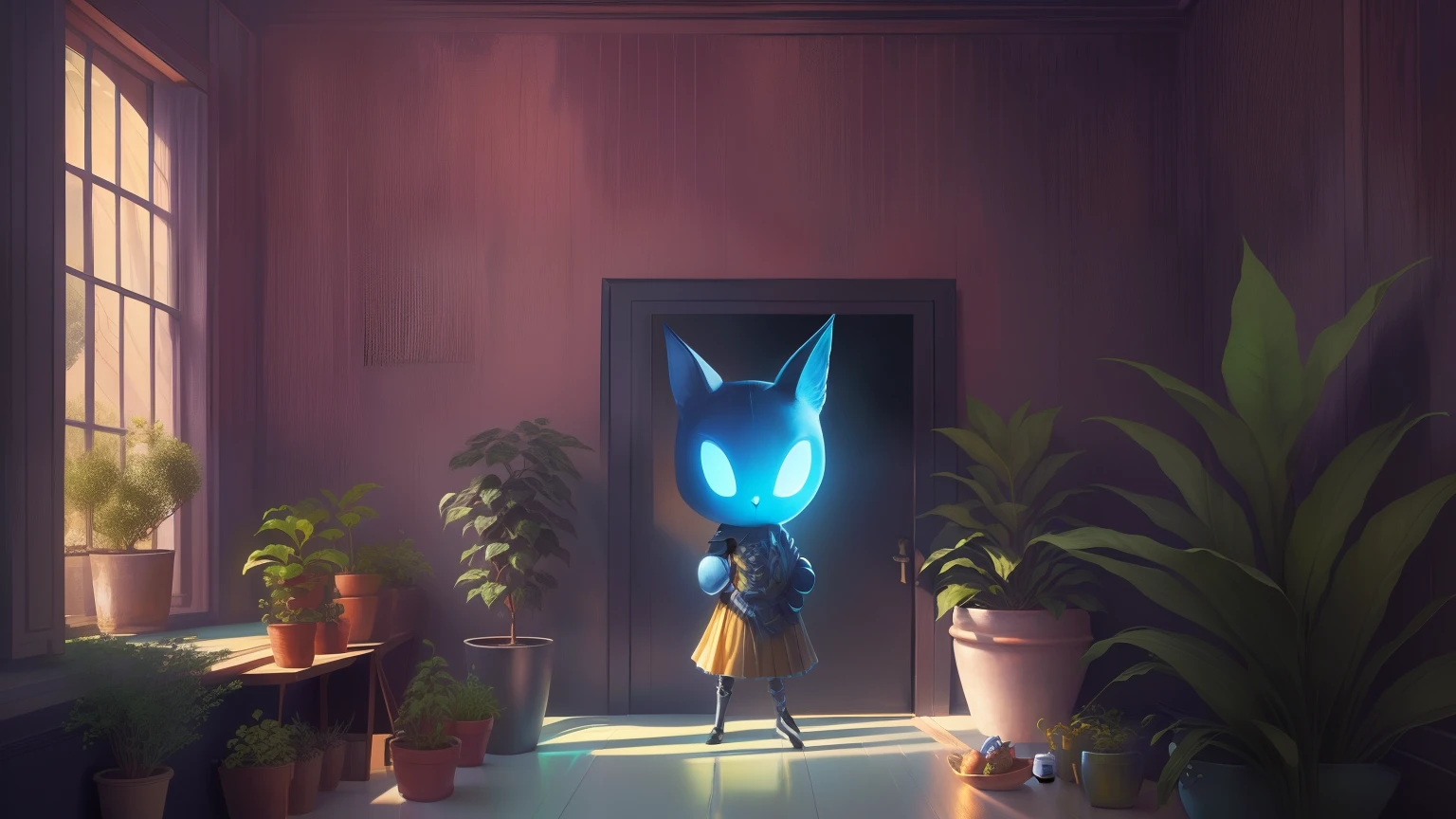 There is a painting of a cat in a room with a plant, Arte Conceitual Hollow Knight, pintado como uma arte conceitual de jogo, Retrato do cavaleiro oco, arte conceitual do jogo indie, forest spirit, uma pintura digital expressiva, arte conceitual luminescente, Estilo cavaleiro oco, coberto com bolhas brilhantes, Cavaleiro Oco, Ori e o cego, arte conceitual para um videogame