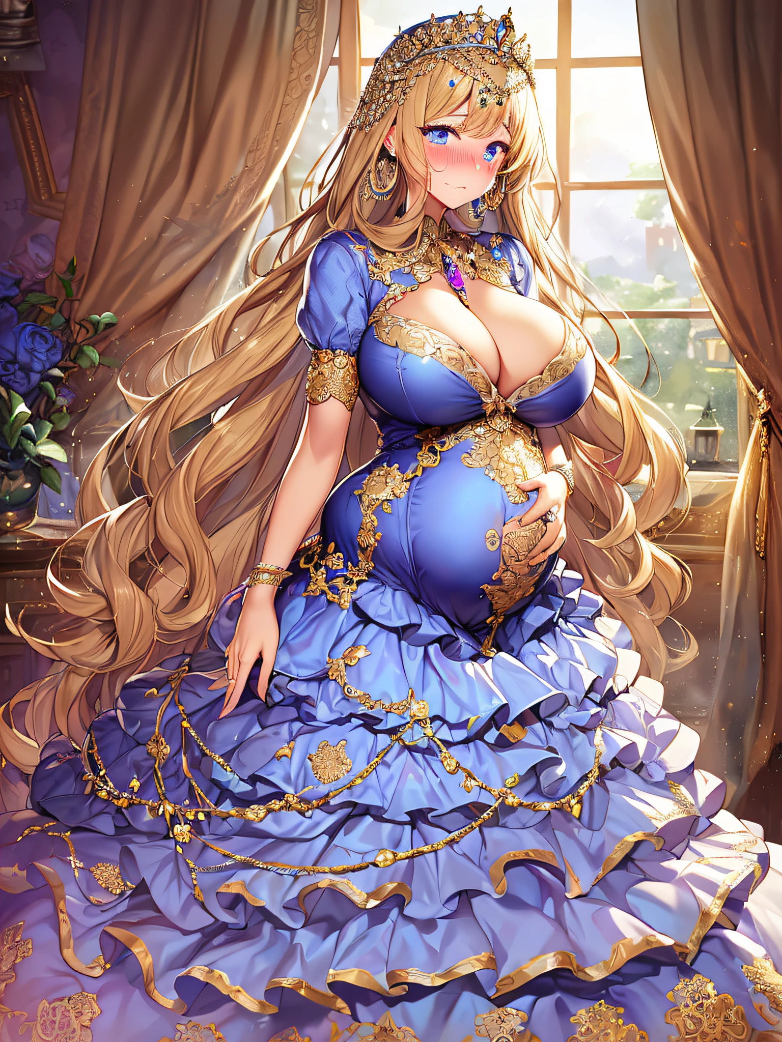 ((anime artstyle)),(Masterpiece),(Best Quality), (Super Detail),((Very Delicate and Beautiful)),(((Solo))),((full body)),(((1 bling-bling pregnant princess in beautiful embroidery and jeweled gorgeous rococo ball gown dress with voluminous full length hoop skirt))),((heavily pregnant)),very big pregnant belly,((bling-bling)),Long train,(bling-bling gorgeous gemstone jewelry),detailed face and eyes,jewel-like eyes,cry,(((embarrassed))),((large amount of straight hair,extremely voluminous Very Long Hair,Very Long Straight Hair)),(((gigantic tits,Long tits))),cleavage,(gorgeousfull embroidery and lace),gorgeous corsage,See-through,((extremely gorgeousfull hair ornament)),bling-bling extremely gorgeousfull jeweled tiara,ornate ruffles,(hoop skirt,crinoline),((Dynamic Angle)),Looking at viewer,((royal bedroom)),((full body)),((beautiful embroidery and jeweled extremely gorgeous rococo ball gown dress with voluminous full length hoop skirt))