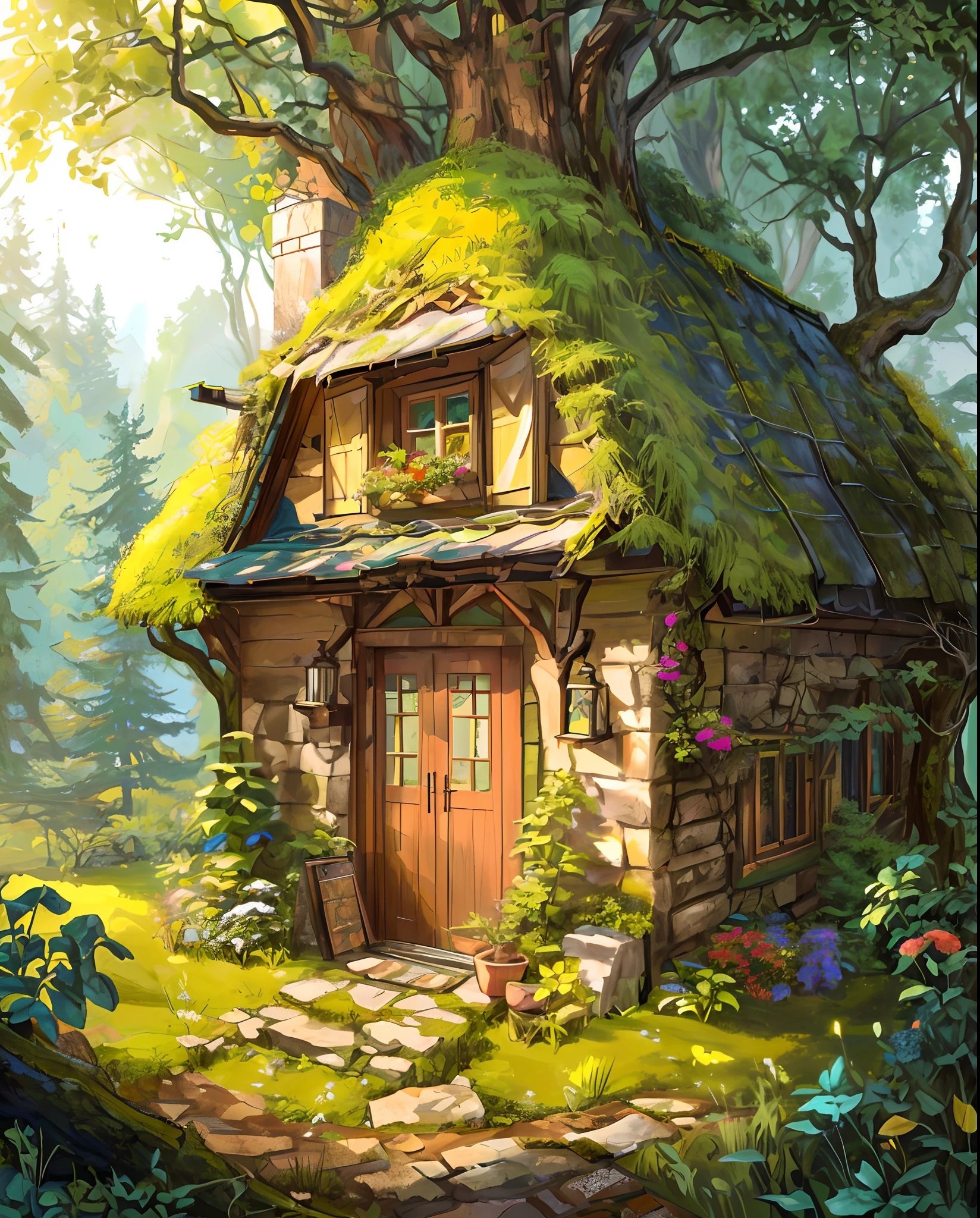 a small house in the woods with a mossy roof, fantasy house, cottage in the forest, beautiful house on a forest path, the small house in the forest, detailed painting 4 k, house in the wood, witch cottage in the forest, cottage in the woods, cute detailed digital art, little cottage, house in forest, 4k detailed digital art