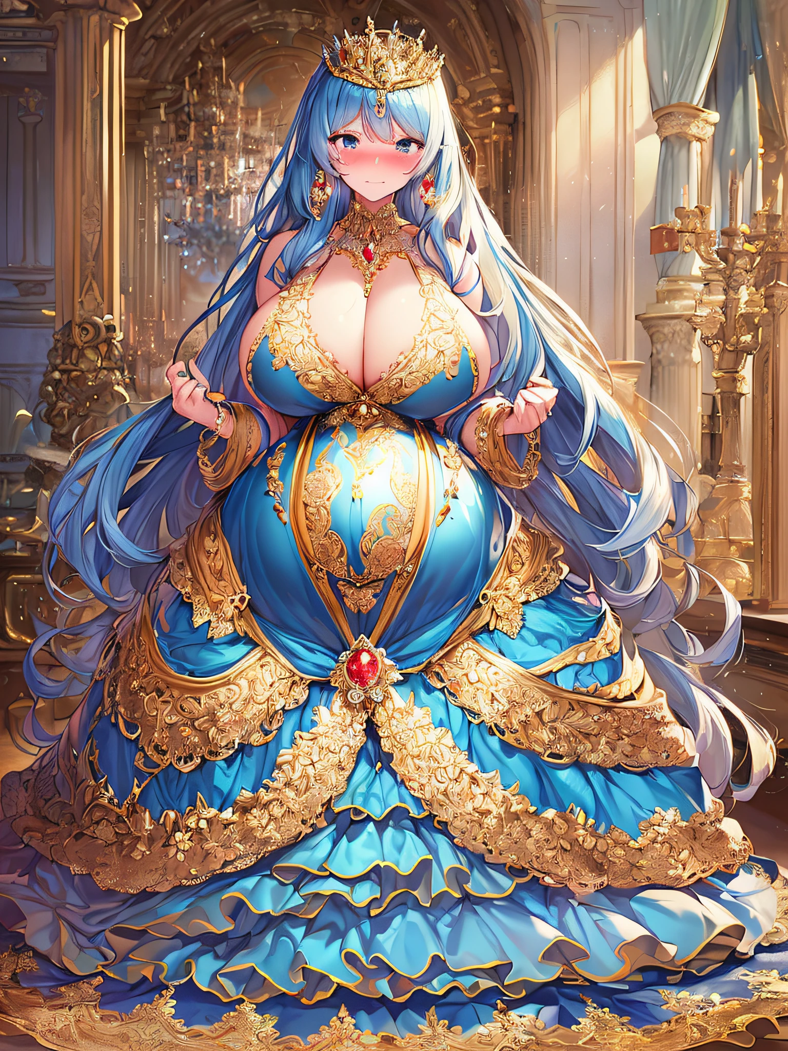 ((anime artstyle)),(Masterpiece),(Best Quality), (Super Detail),((Very Delicate and Beautiful)),(((Solo))),((full body)),(((1 bling-bling pregnant princess in beautiful embroidery and jeweled gorgeous rococo ball gown dress with voluminous full length hoop skirt))),((heavily pregnant)),very big pregnant belly,((bling-bling)),Long train,(bling-bling gorgeous gemstone jewelry),detailed face and eyes,jewel-like eyes,cry,(((embarrassed))),((large amount of straight hair,extremely voluminous Very Long Hair,Very Long Straight Hair)),(((gigantic tits,Long tits))),cleavage,(gorgeousfull embroidery and lace),gorgeous corsage,See-through,((extremely gorgeousfull hair ornament)),bling-bling extremely gorgeousfull jeweled tiara,ornate ruffles,(hoop skirt,crinoline),((Dynamic Angle)),Looking at viewer,((royal bedroom)),((full body)),((beautiful embroidery and jeweled extremely gorgeous rococo ball gown dress with voluminous full length hoop skirt))