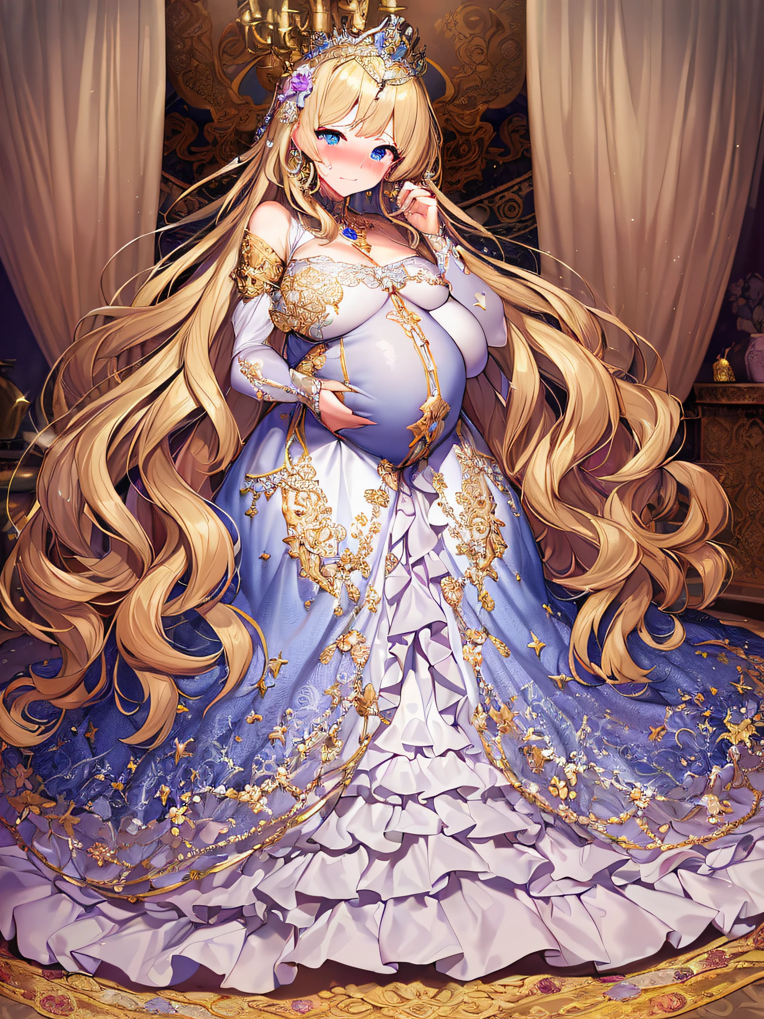 ((anime artstyle)),(Masterpiece),(Best Quality), (Super Detail),((Very Delicate and Beautiful)),(((Solo))),((full body)),(((1 bling-bling pregnant princess in beautiful embroidery and jeweled gorgeous rococo ball gown dress with voluminous full length hoop skirt))),((heavily pregnant)),very big pregnant belly,((bling-bling)),Long train,(bling-bling gorgeous gemstone jewelry),detailed face and eyes,jewel-like eyes,cry,(((embarrassed))),((large amount of straight hair,extremely voluminous Very Long Hair,Very Long Straight Hair)),(((gigantic tits,Long tits))),cleavage,(gorgeousfull embroidery and lace),gorgeous corsage,See-through,((extremely gorgeousfull hair ornament)),bling-bling extremely gorgeousfull jeweled tiara,ornate ruffles,(hoop skirt,crinoline),((Dynamic Angle)),Looking at viewer,((royal bedroom)),((full body)),((beautiful embroidery and jeweled extremely gorgeous rococo ball gown dress with voluminous full length hoop skirt))