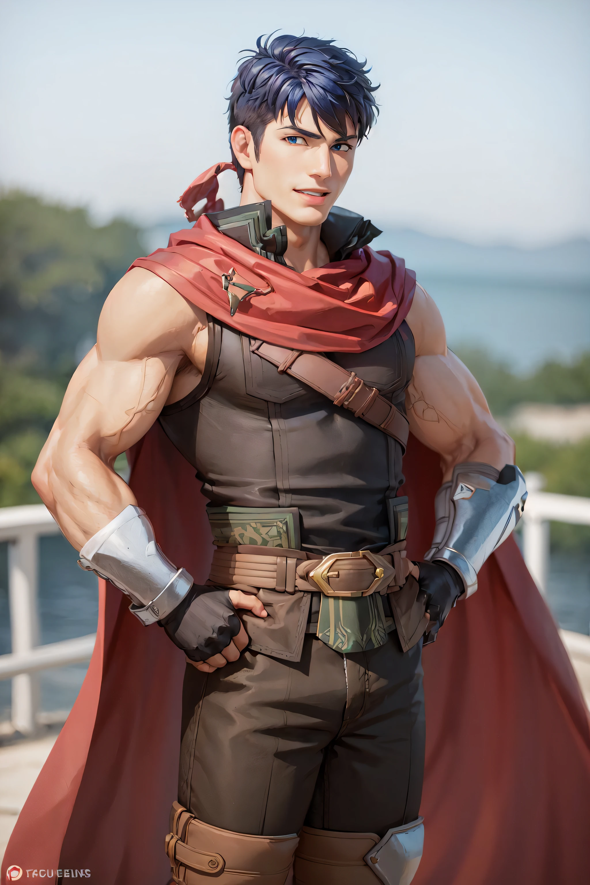 (masterpiece, best quality:1.2), cowboy shot, solo, male focus, 1boy, ike \(fire emblem\), smile, looking at viewer, hands on hips, armor, cape, (gloves:1.1)