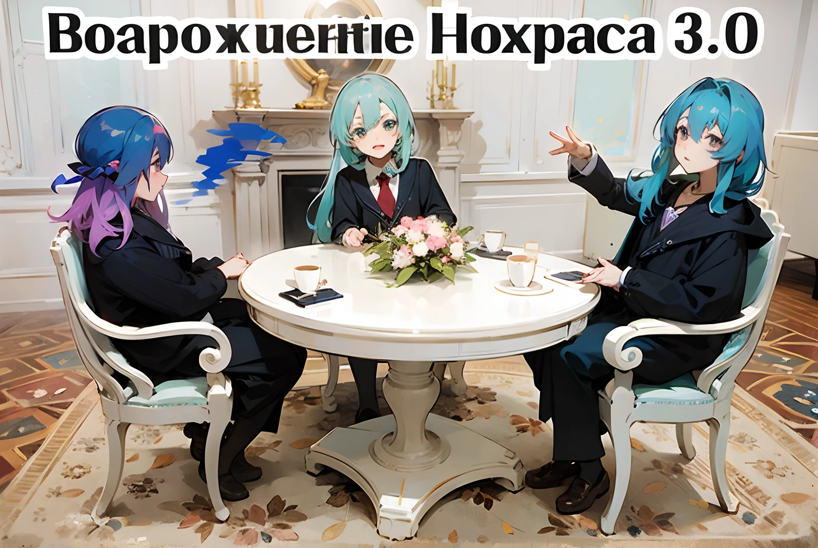 Three people sitting at a table with anime girl talks