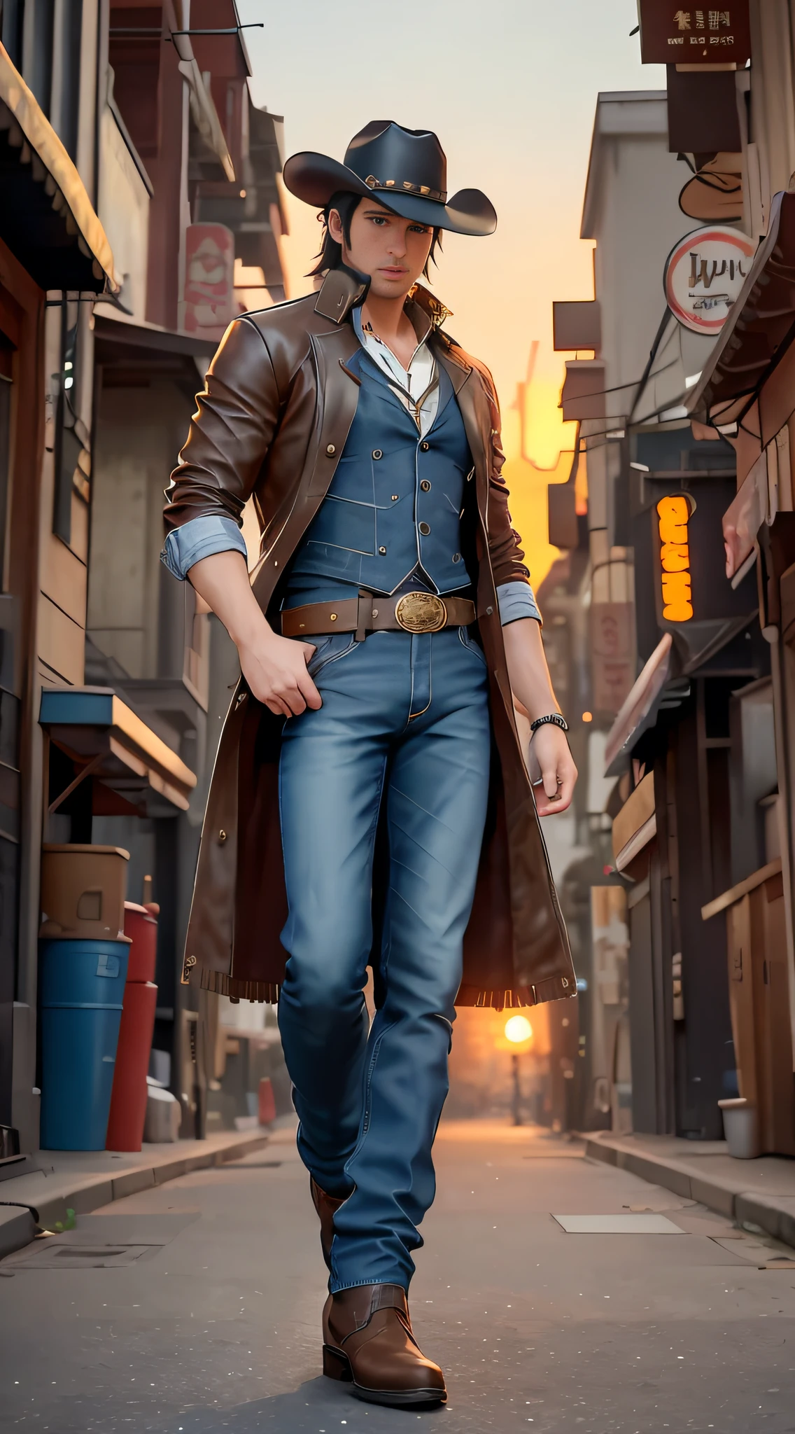 masterpiece, best quality, there is a man in a cowboy hat and leather coat walking down a street, cute anime pose, Full body character portrait, full body character portrait, full body portrait photo, Portrait character's full body, blue jeans, unreal 5, handsome anime man, Makoto Shinkai. Octane rendering, ultra-detailed, Detailed eyes description, hero pose colorful city lighting, like character in tekken, 4k, 8k, hyperrealistic, detailed face