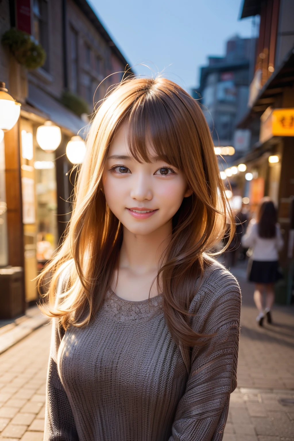 top-quality、masterpiece、超A high resolution、(Photo Real:1.3)、Model body type、Beige hair、Hair that flutters in the wind、bobhair、Natural clothing、city street at night、model poses、Beautiful expression、extra detailed face、Fine-grained skin texture、A detailed eye、二重まぶた、A big smile、Focal length 85mm lens、F-value 2.0、natural soft light、Angle of pull