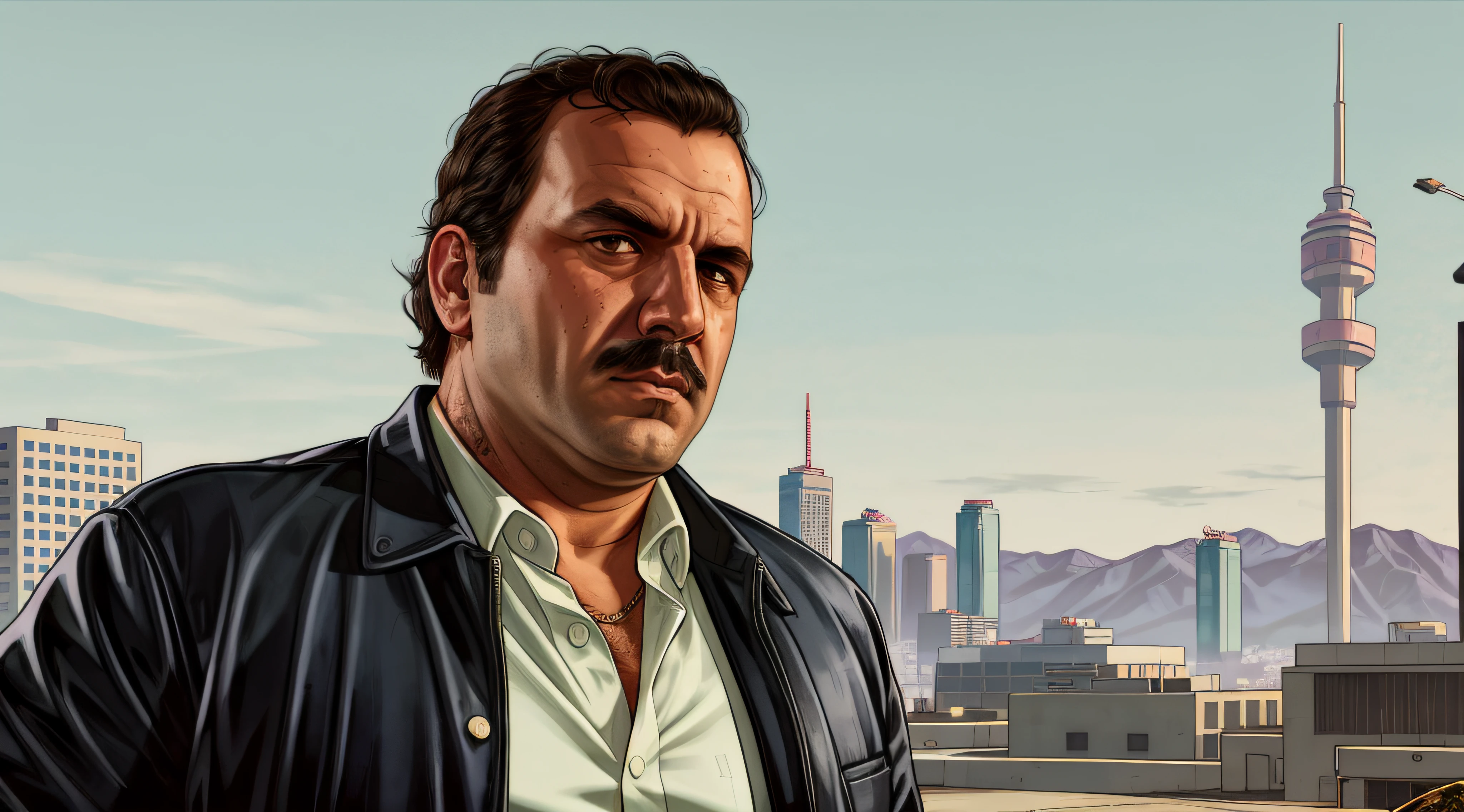 GTAV Loading Screen 2D art, Pablo Escobar as GTA5 Character, cinematic composition, standing in front of a city, shaders, bright cinematic lighting, soft contrast, GTA5 loading screen, gta art, wallpaper 4 k, wallpaper 4k, hq 4k wallpaper, gta loading screen art, fan art, rockstar games art