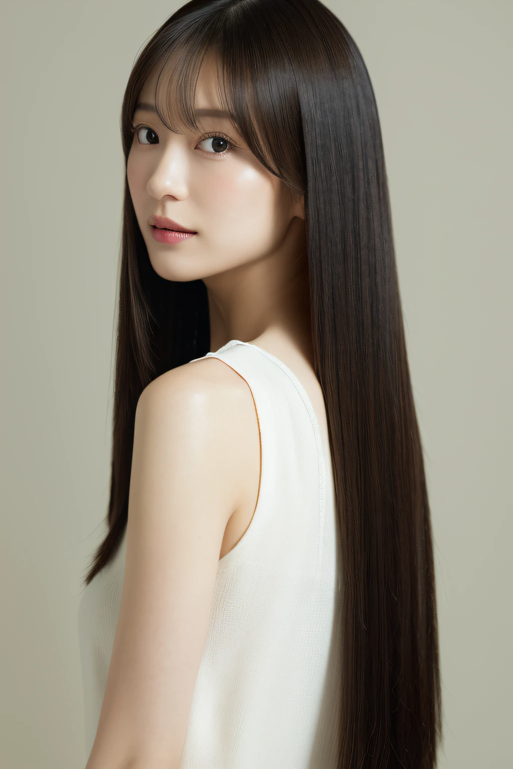 8k wallpaper、top-quality、masterpiece、realisitic、Photorealsitic、middlebreast、profetional lighting、Angle from behind、Shot in natural light、super detailing、age 30s、女優、A slender、Hairstyle is straight straight hair、Delicate skin type、Emphasizes the luster of hair、Look at viewers