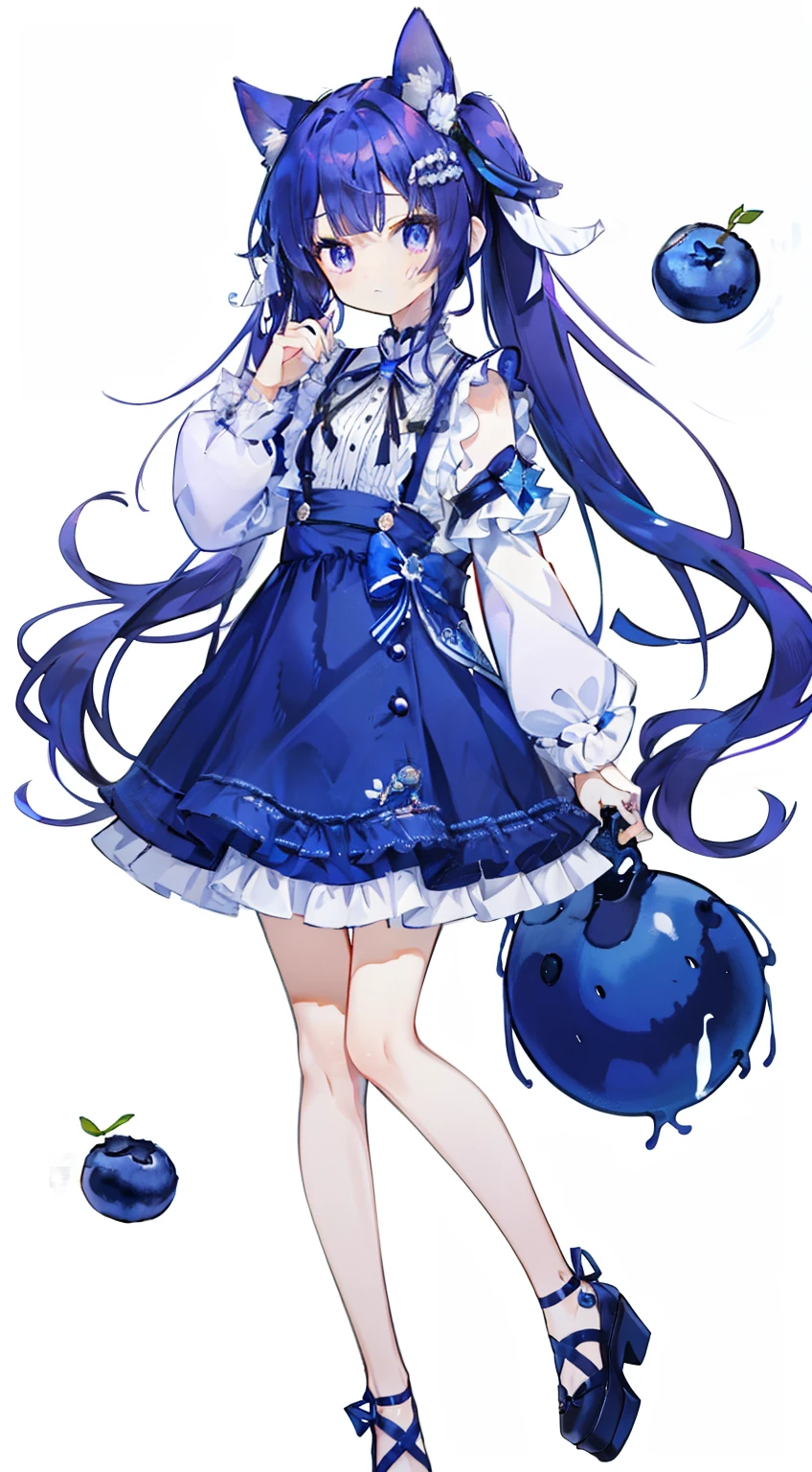 Standing Picture、full bodyesbian、to stand、Twin-tailed、Blueberry colored hair、​masterpiece、Masterpiece、Blueberry hair ornament、Blueberry background、Blueberry color dress、Straight face、deadpan、