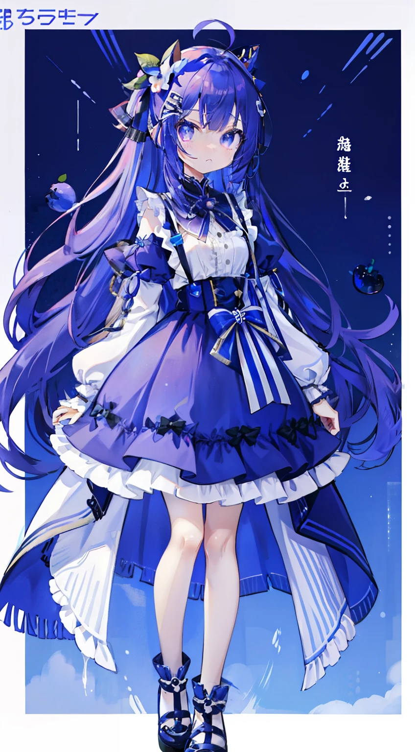 Standing Picture、full bodyesbian、to stand、Twin-tailed、Blueberry colored hair、​masterpiece、Masterpiece、Blueberry hair ornament、Blueberry background、Blueberry color dress、Straight face、deadpan、