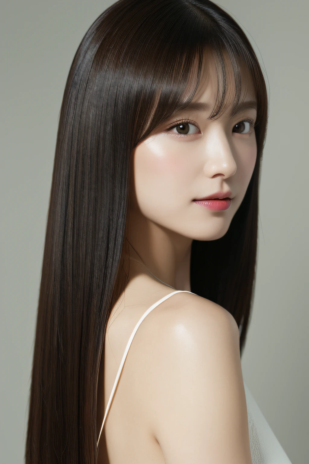 8k wallpaper、top-quality、masterpiece、realisitic、Photorealsitic、middlebreast、profetional lighting、Angle from behind、Shot in natural light、super detailing、age 30s、Hairstyle is straight straight hair、Delicate skin type、Emphasizes the luster of hair、Look at viewers