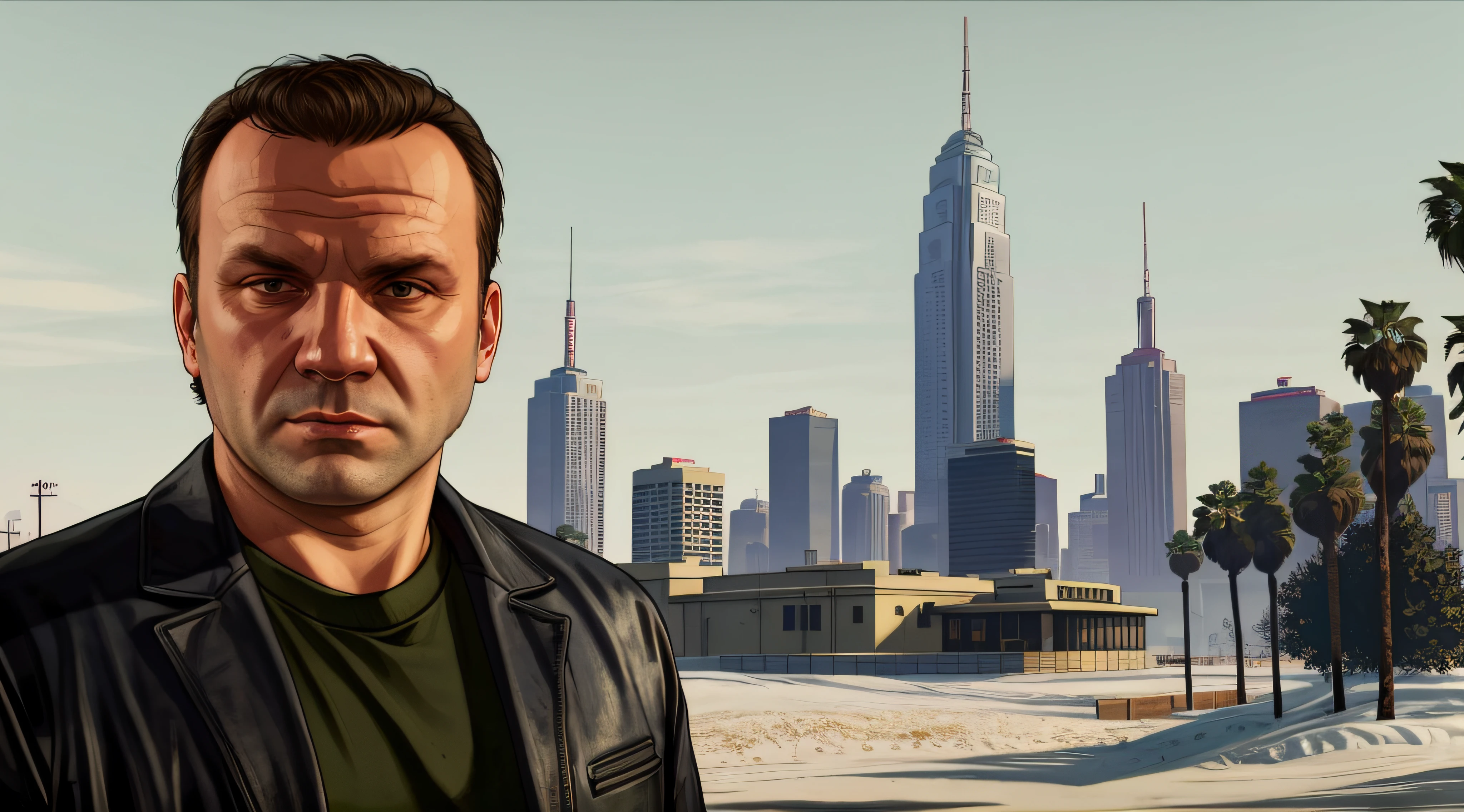 GTAV Loading Screen 2D art, Jaroslaw Kaczynski as GTA5 Character, cinematic composition, standing in front of a city, shaders, bright cinematic lighting, soft contrast, GTA5 loading screen, gta art, wallpaper 4 k, wallpaper 4k, hq 4k wallpaper, gta loading screen art, fan art, rockstar games art