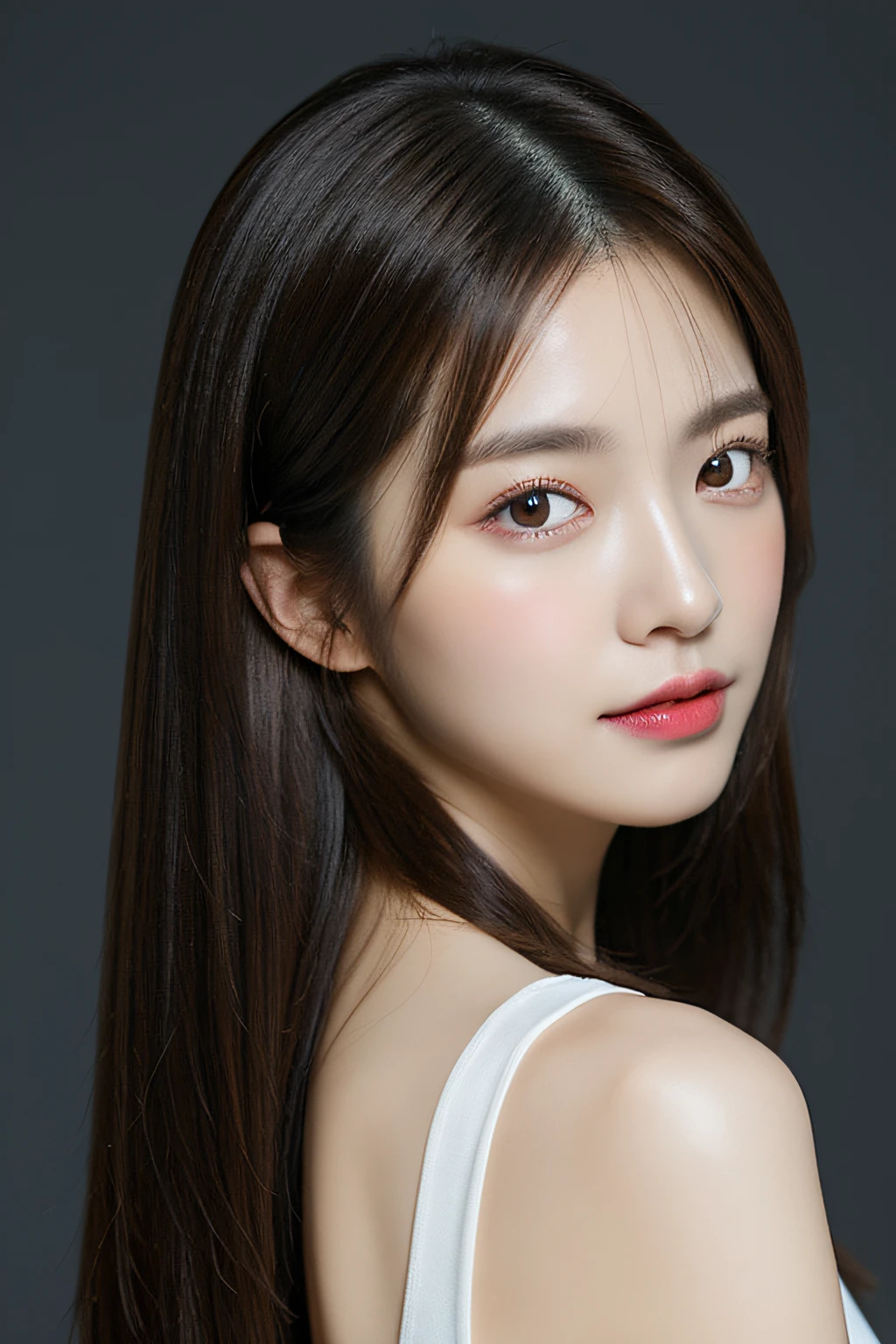 8k wallpaper、top-quality、masterpiece、realisitic、Photorealsitic、middlebreast、profetional lighting、Angle from behind、Shot in natural light、super detailing、age 30s、Hairstyle is straight straight hair、Delicate skin type、Emphasizes the luster of hair、Look at viewers