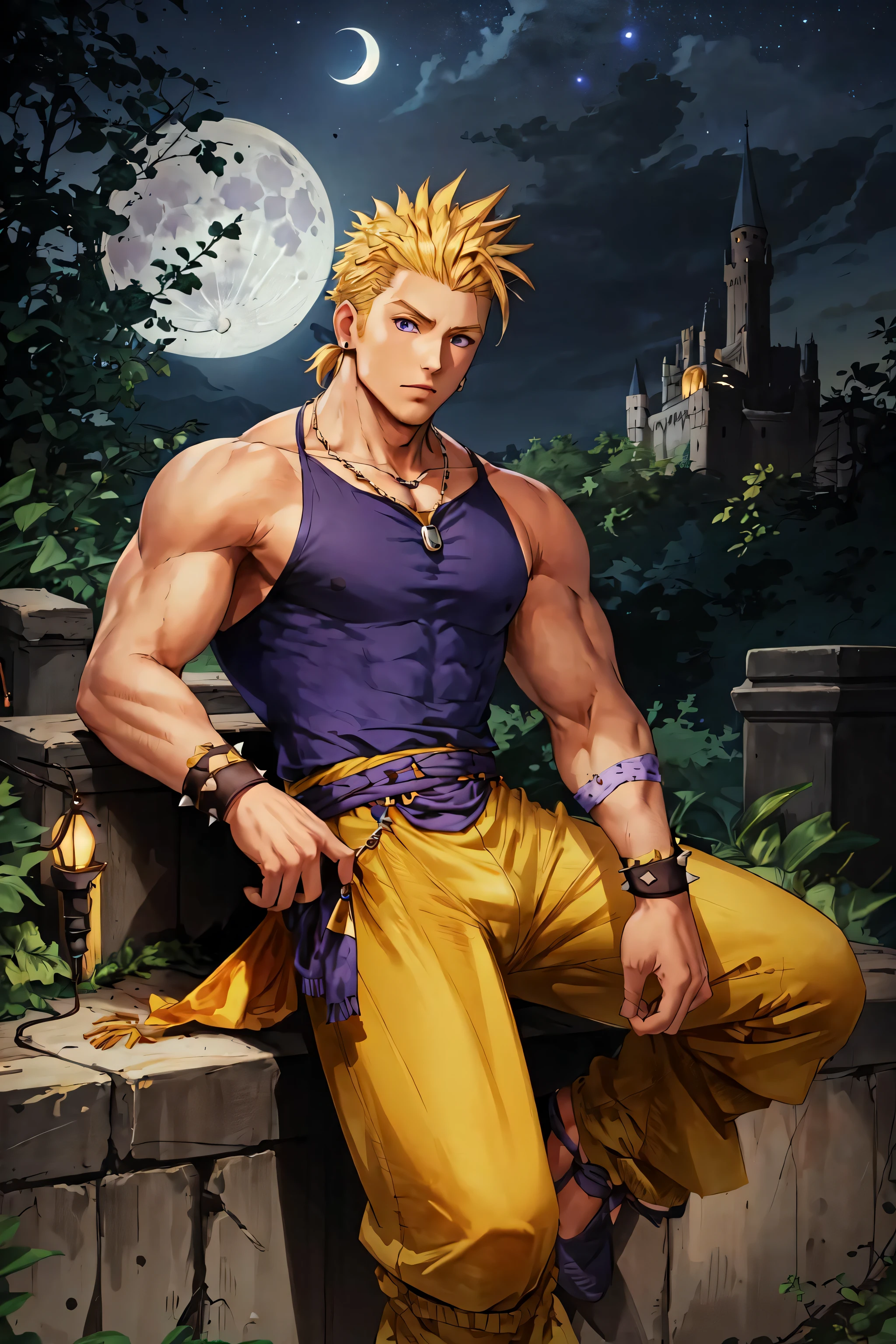 masterpiece, best quality, 1boy, solo, SabinReneFigaro on a castle wall purple muscle shirt, yellow pants, blonde hair, spiked hair, wristband, necklace, night sky, moon
