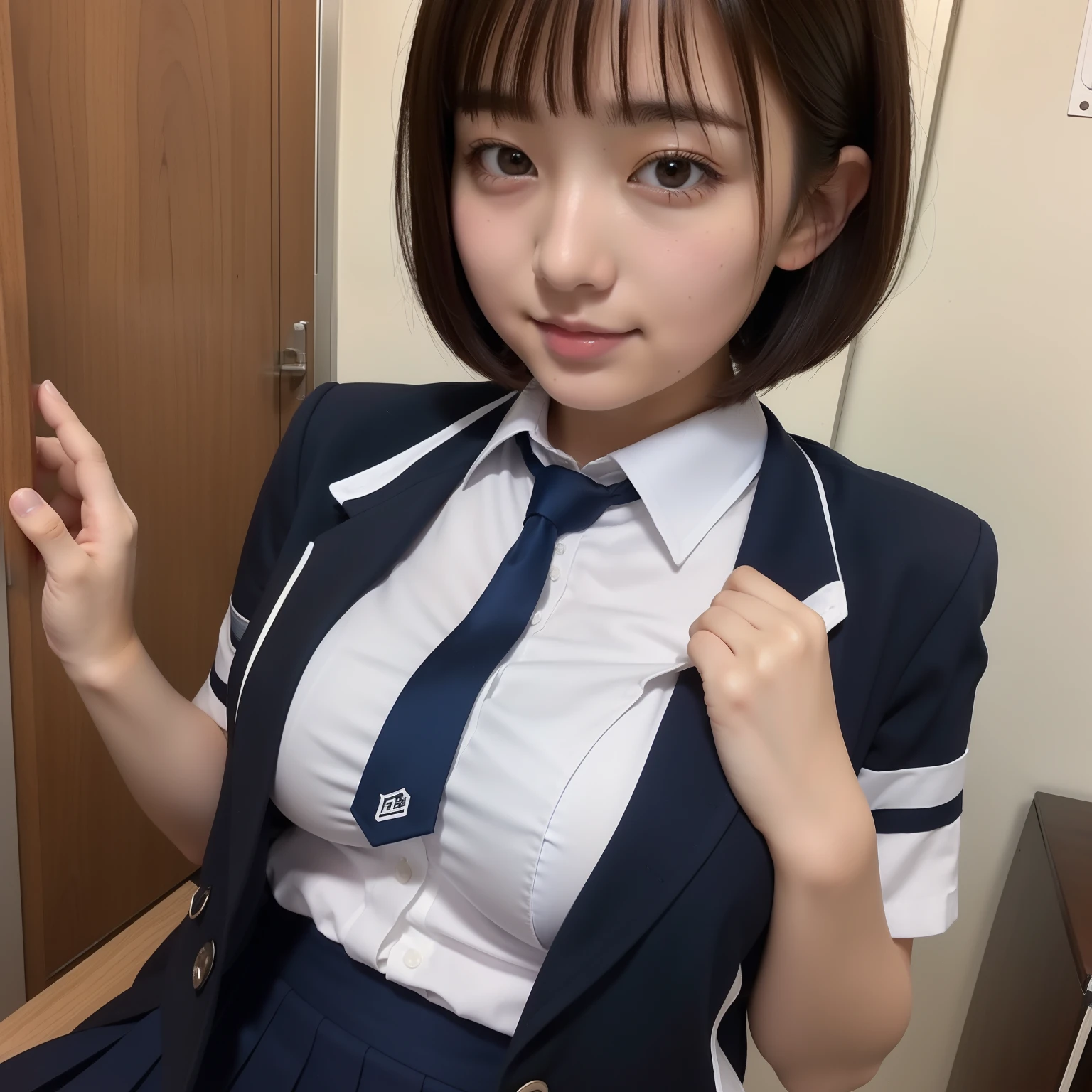 short-hair、Beautiful High School Girl、in school uniform、huge tit、(underpants)