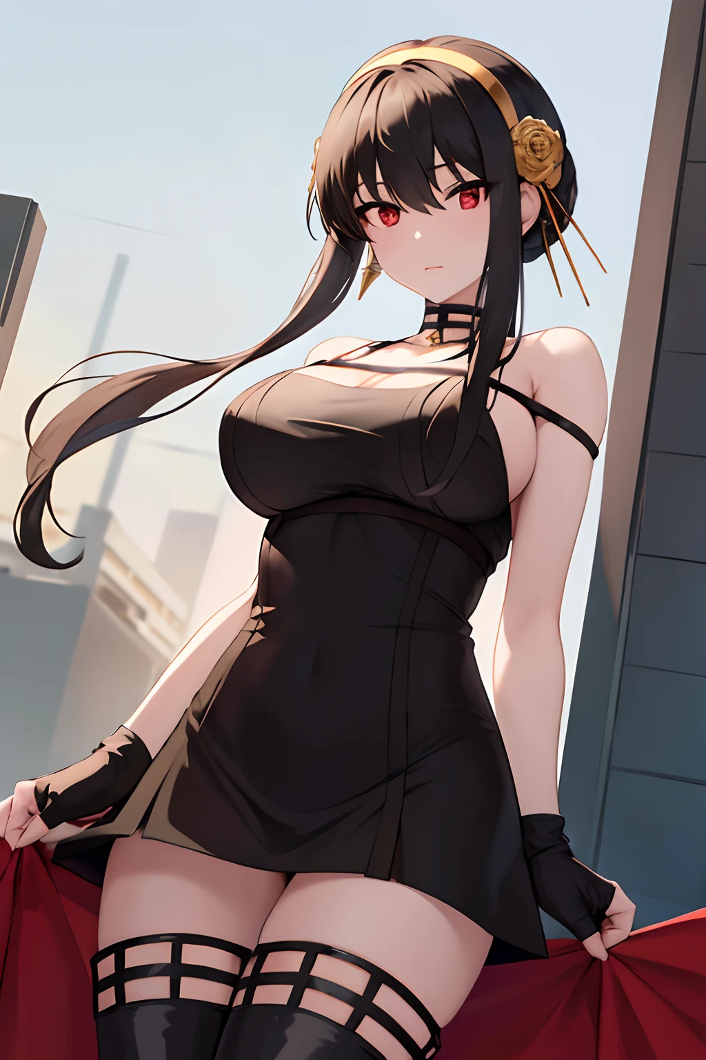 masterpiece, best quality, highres, aayorf, sidelocks, gold hairband, hair ornament, red eyes, gold earring, large breasts, choker, bare shoulders, black dress, two-sided dress, fingerless gloves, thigh boots, looking at viewer, outdoors, night, from below