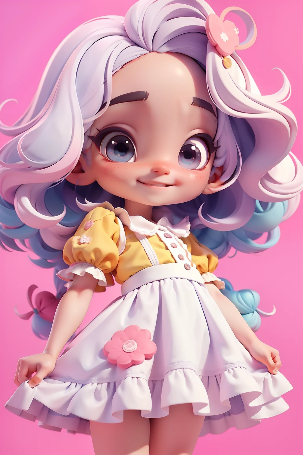 Loli menina, roupa colorida, menina meiga, olhos delicados, cabelo e roupa multicolorido, sorriso delicado, fundo simples e branco