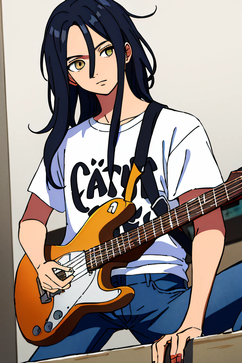 obra-prima, melhor qualidade, obra-prima, (1boy), (LLChar), Cabelos negros, Cabelos curtos, messy hair, Olhos castanhos-escuros, olhos penetrantes, pele morena, camiseta de banda de rock, jeans desgastados, botas, bem definido.