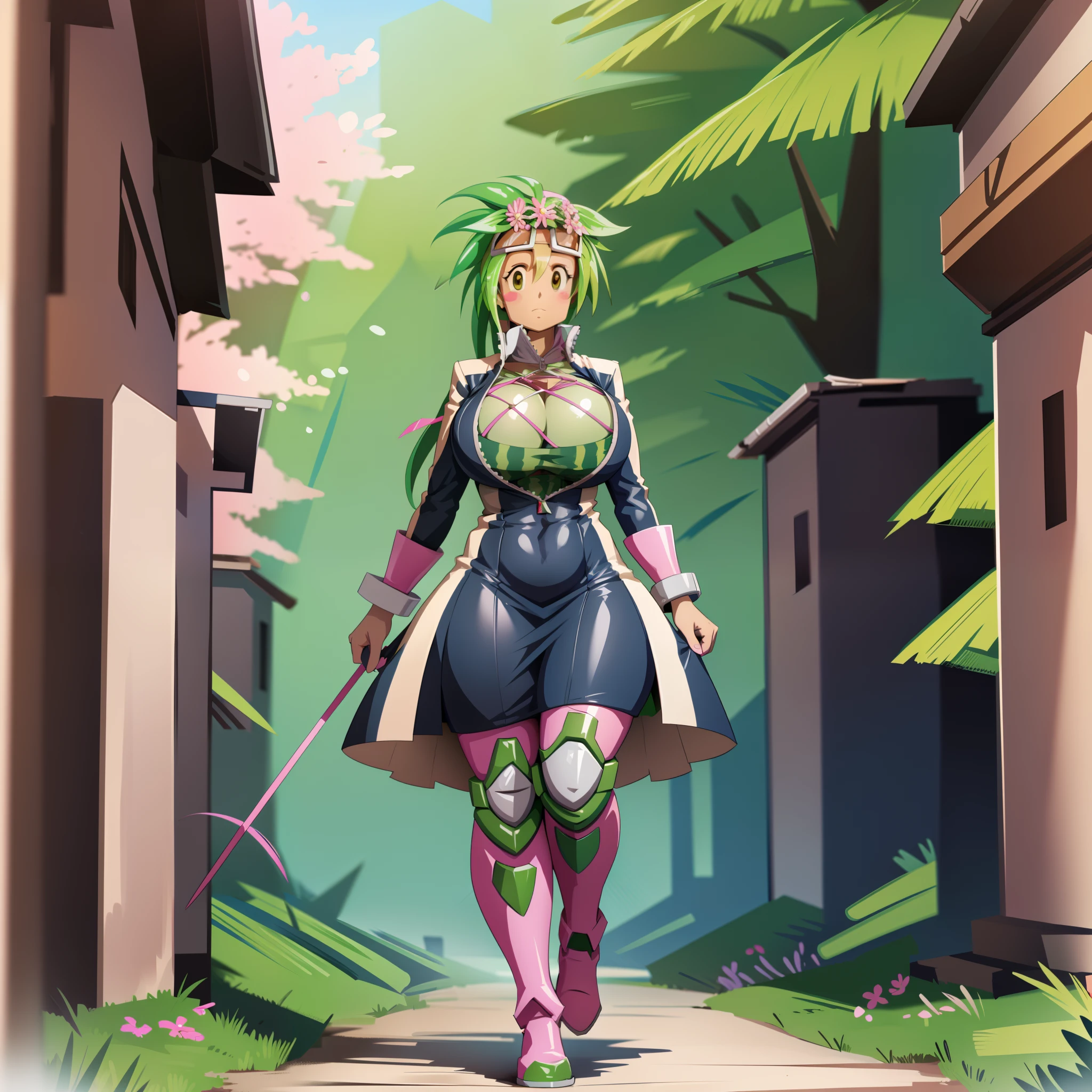 kanna blaster master, flora fauna, female,, huge chest, full clothed dress, walking, full body