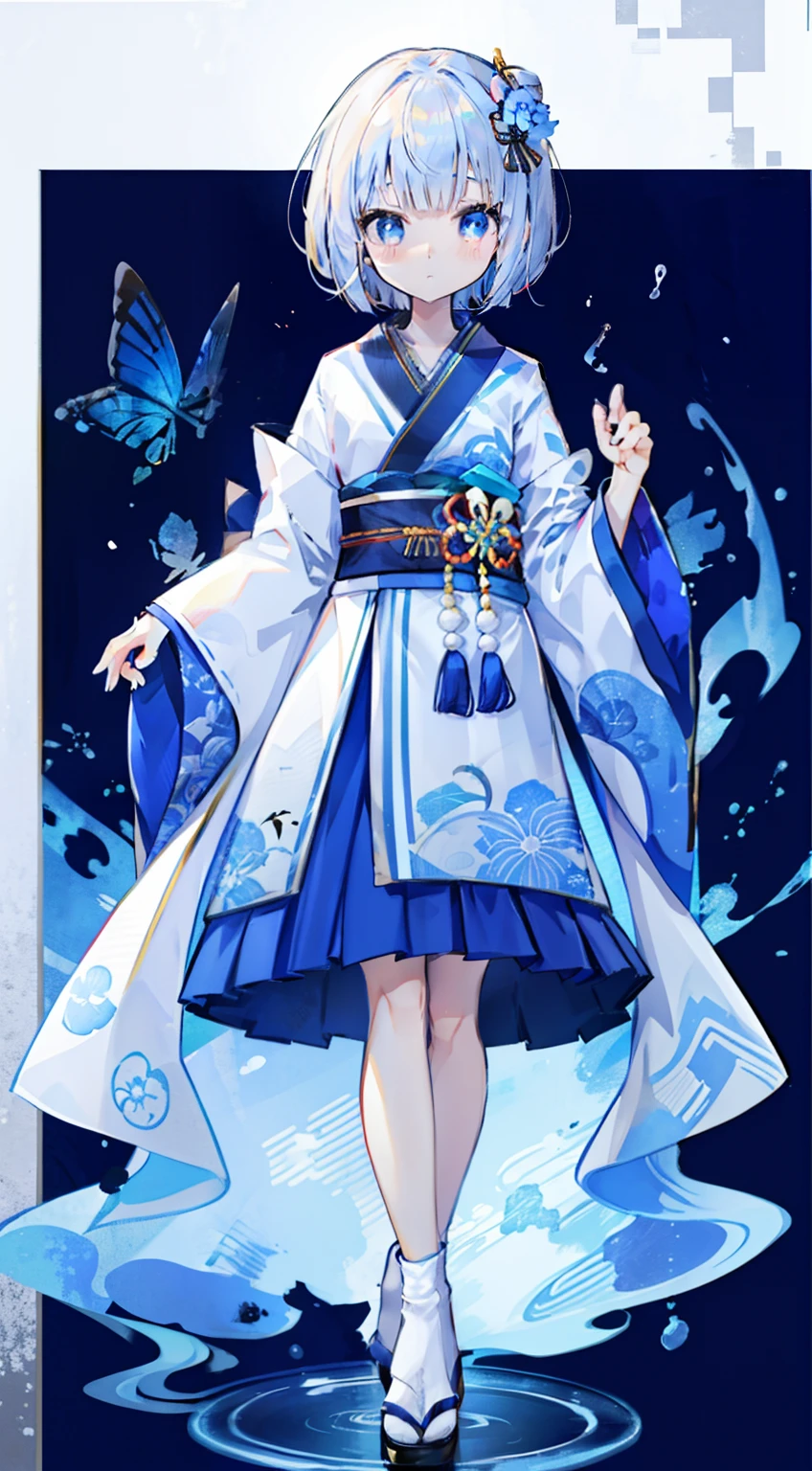 Standing Picture、full bodyesbian、frontage、blue hairs、blue eyess、Kimono Dresses、A Japanese style、white backgrounid、Straight face、bob cuts、deadpan、