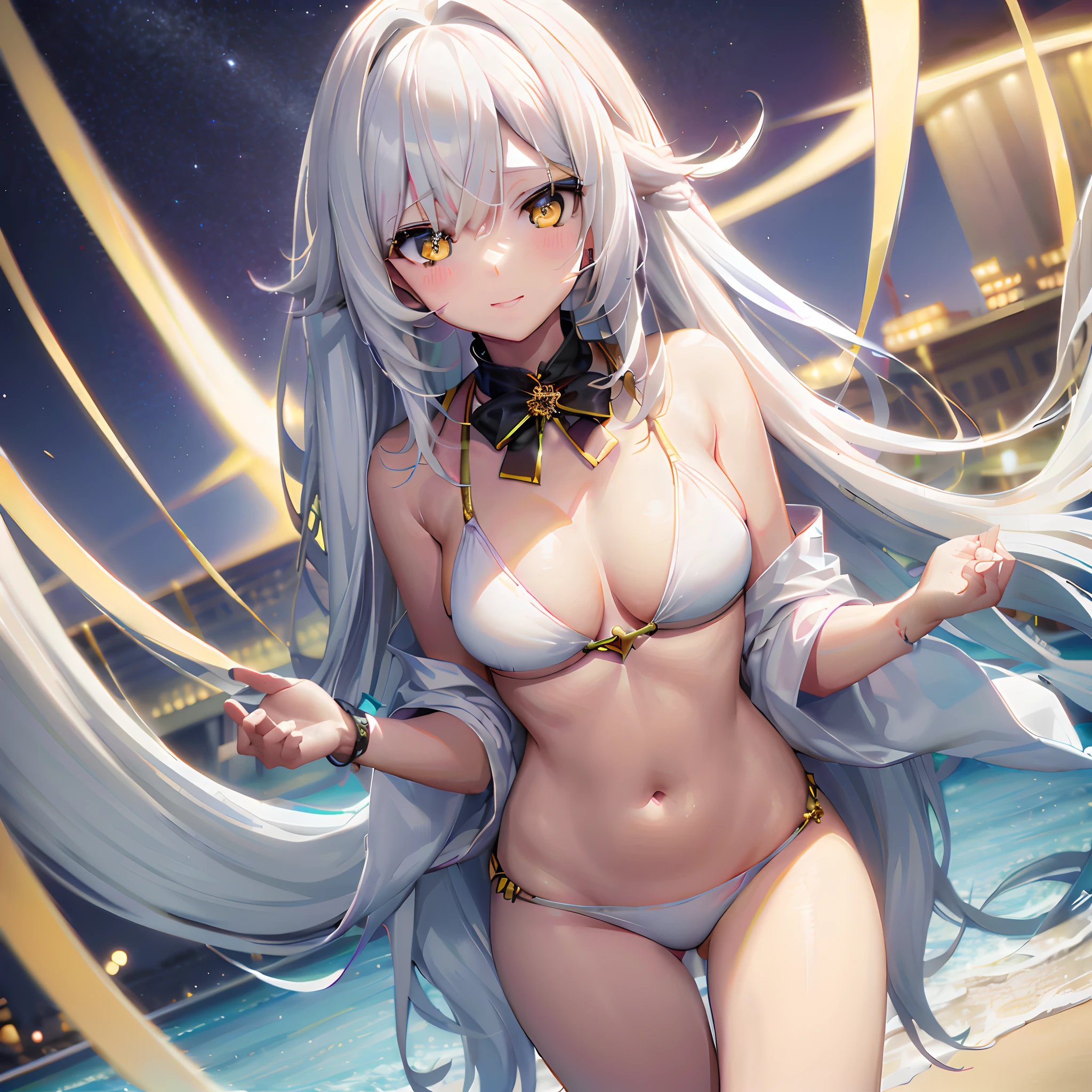 Anime girl with long white hair and white bikini on the beach, White-haired god, seductive anime girls, Perfect white haired girl, Best anime 4k konachan wallpaper, beautiful and seductive anime woman, from girls frontline, A scene from the《azur lane》videogame, trending on artstation pixiv, white haired Cangcang, azur lane style, Girl with white hair