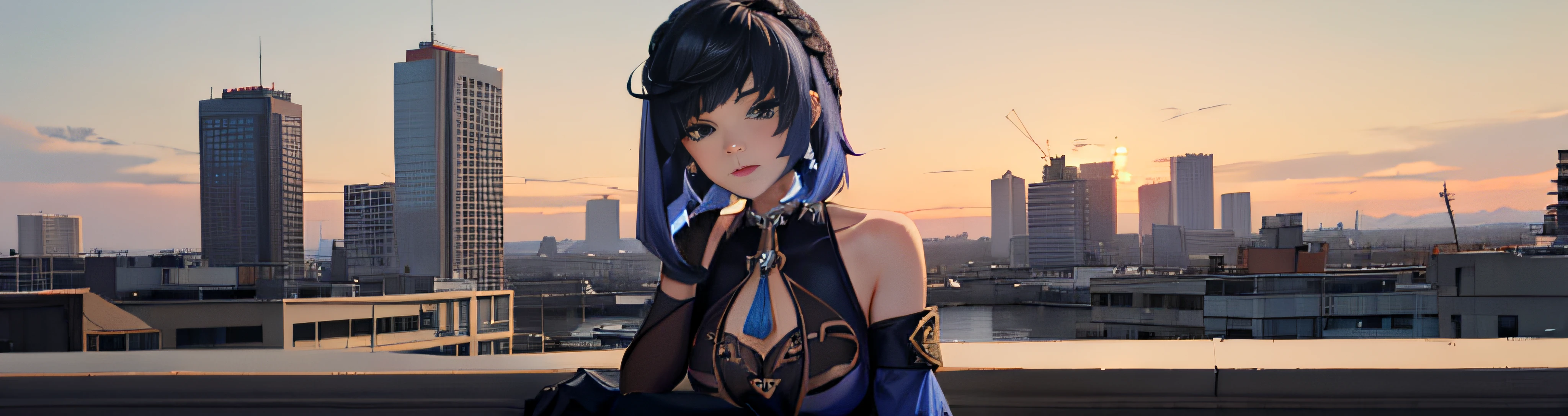 A stunningly beautiful yelan wearing a mini-skirted uniform sitting on top of a building