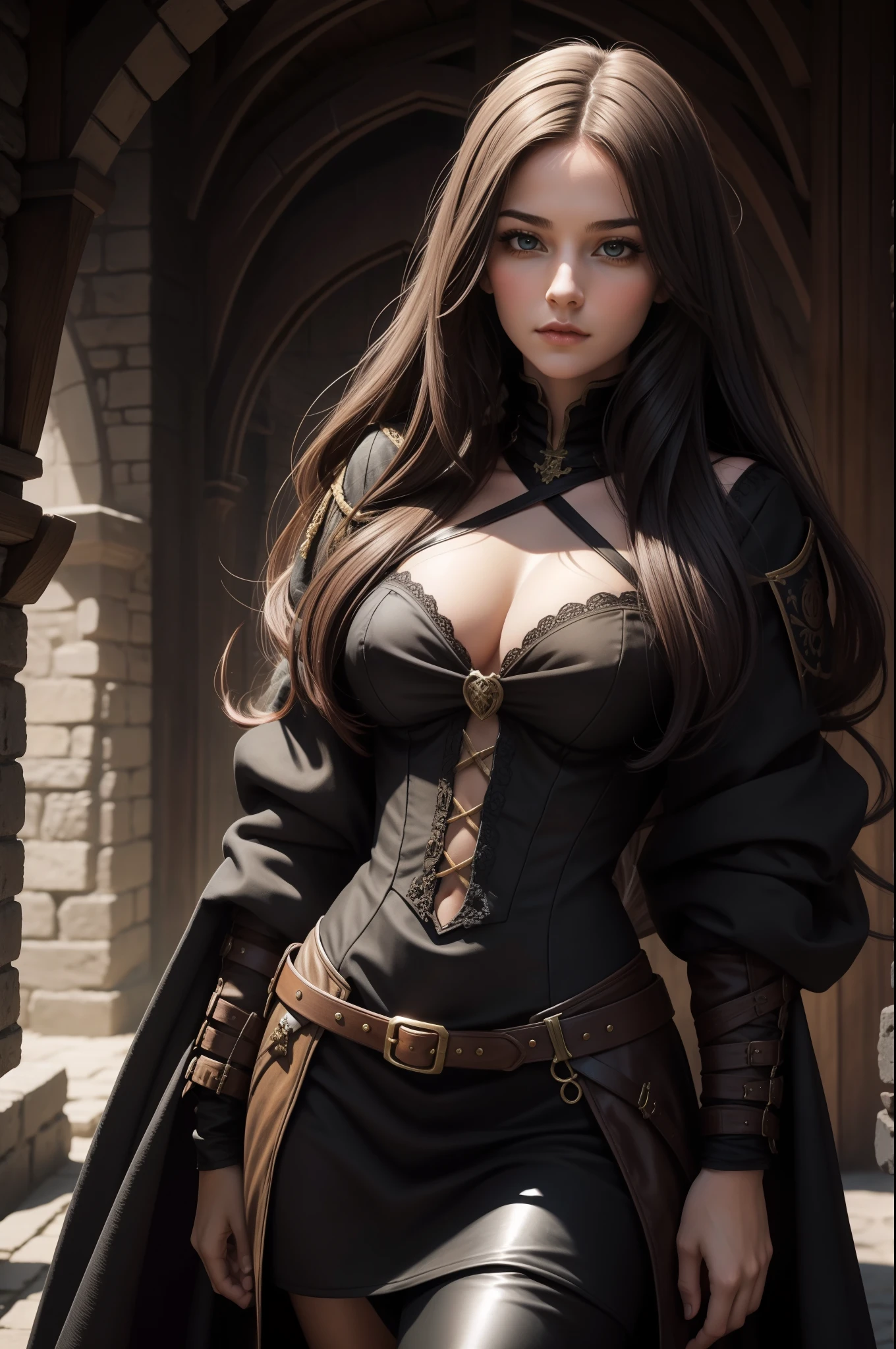 pretty girl, rogue, aristocrat, dark blobde hairs, high fantasy style, medieval style